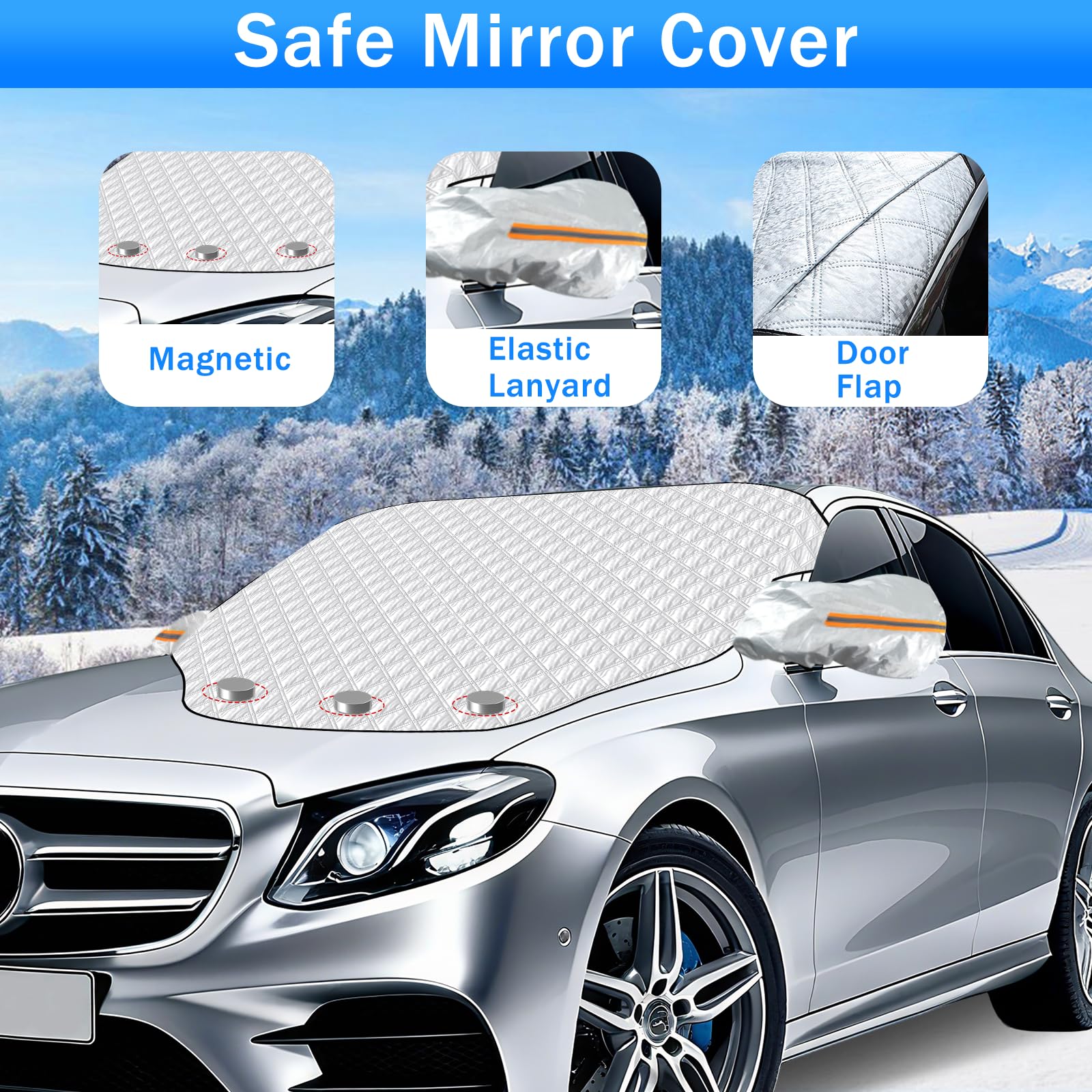 Feebee Protege Pare Brise Givre Gel, Magnétique Couverture Protection Pare Brise Hiver, Bache Anti Givre Voiture, Anti Neige Hiver Glace 146 x 116cm