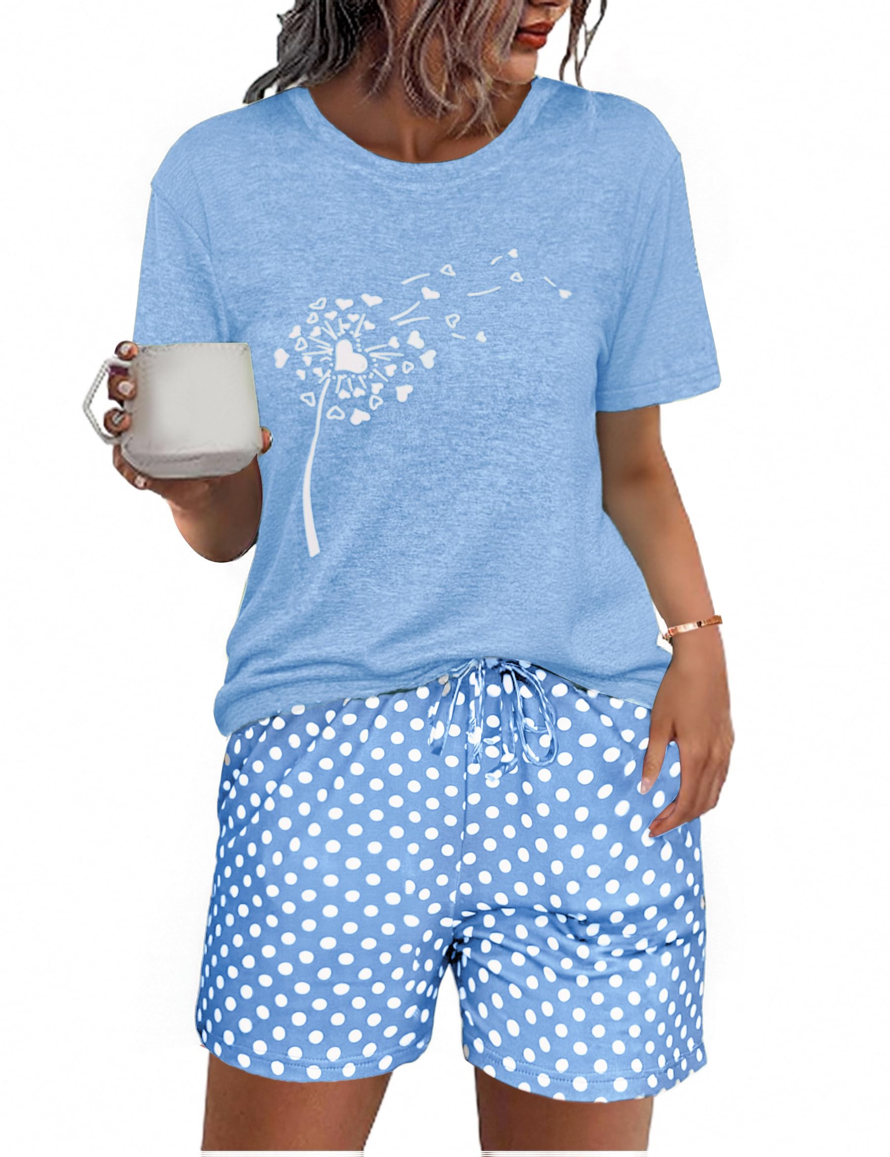 Uniexcosm Schlafanzug Damen Kurz Zweiteiler Pyjama Set Baumwolle Nachtwäsche Löwenzahnmuster Oberteil und Polka Dot Schlafshort Sleepshirt für Sommer