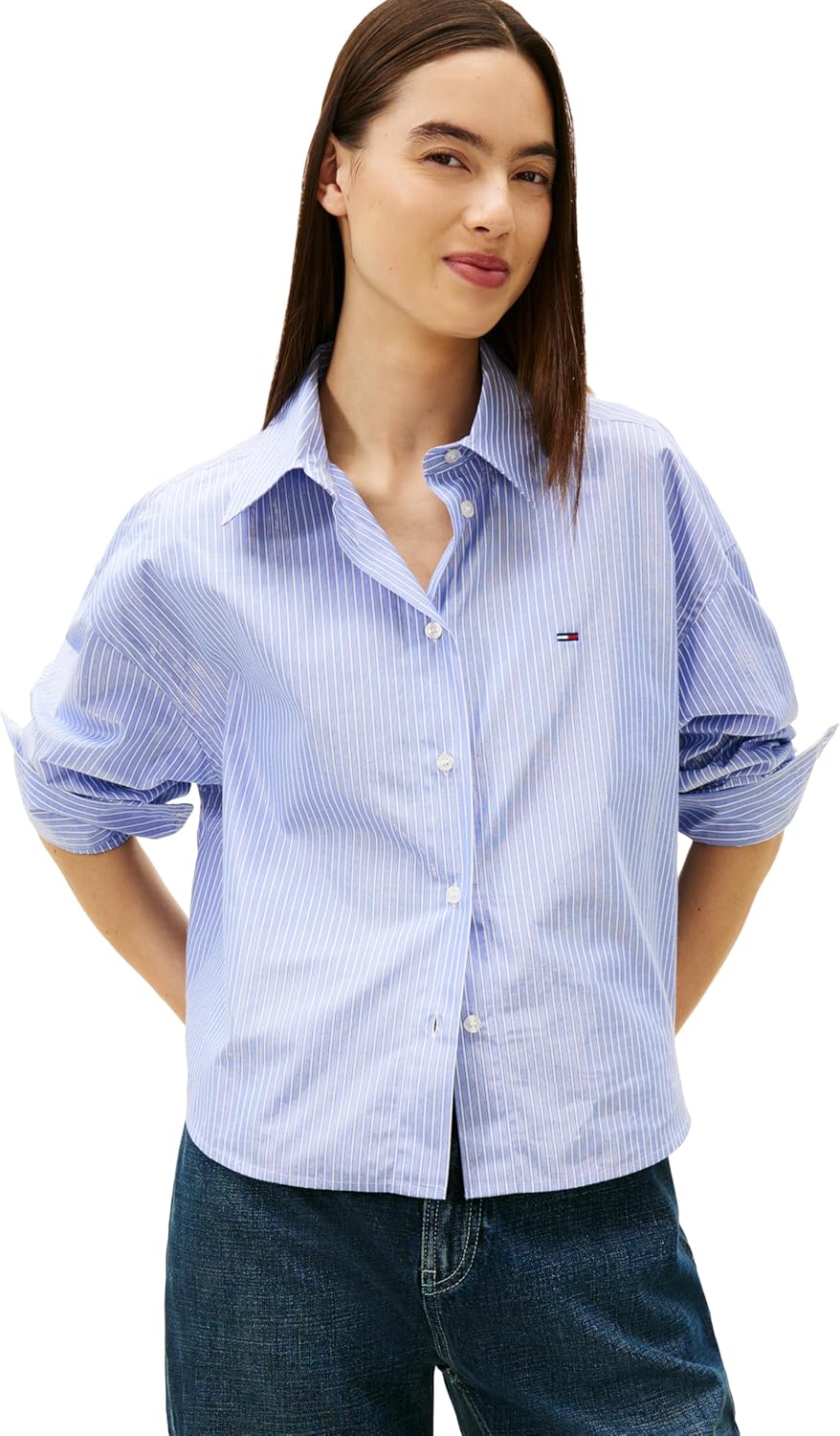 Tommy Jeans Women's Long Sleeve Oversized Button Up Shirts with Metallic Stripe Detail