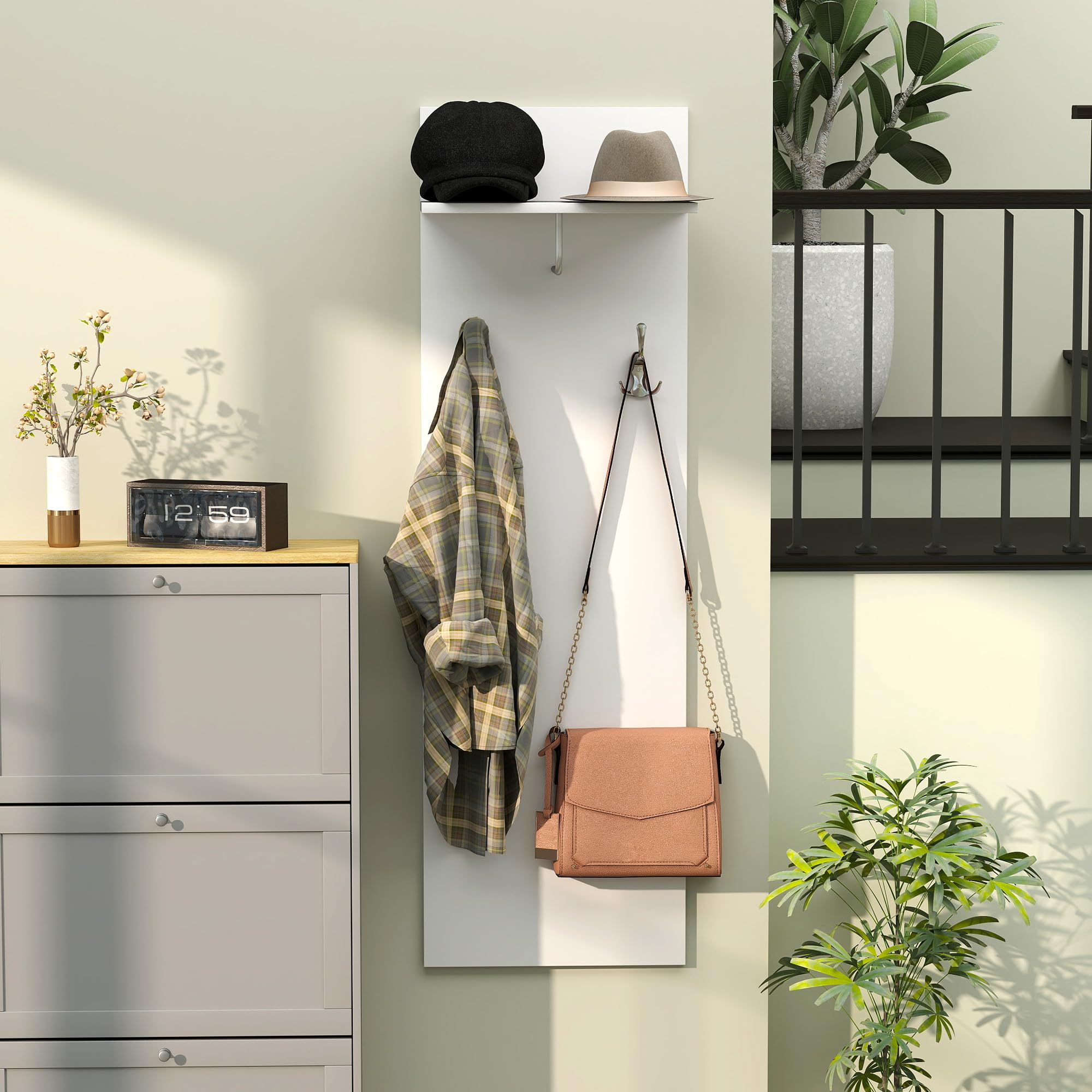 HOMCOM Wieszak ścienny z półką, 2 haczyki i drążek aluminiowy, wieszak na ubrania, do przedpokoju, sypialni, wymiary: 40 x 21,3 x 130 cm, biały