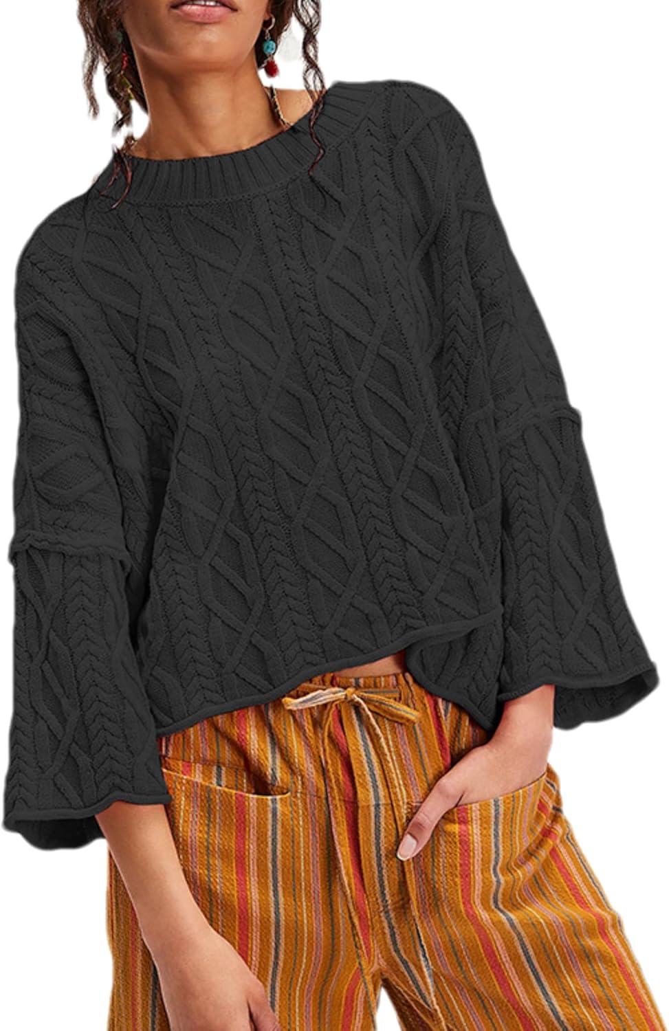 Zontroldy Women's Crewneck Lantern Sleeve Boxy Cable Knit Sweater Cropped Pullover Sweaters Jumper