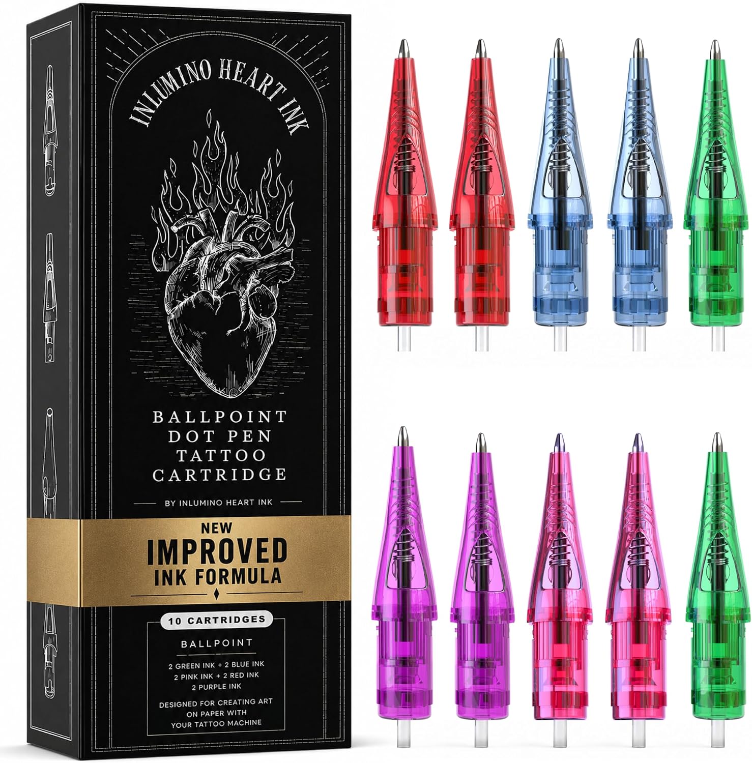 Inlumino Heart Ink Ballpoint Tattoo Cartridges - Original Multi (10-Pack)
