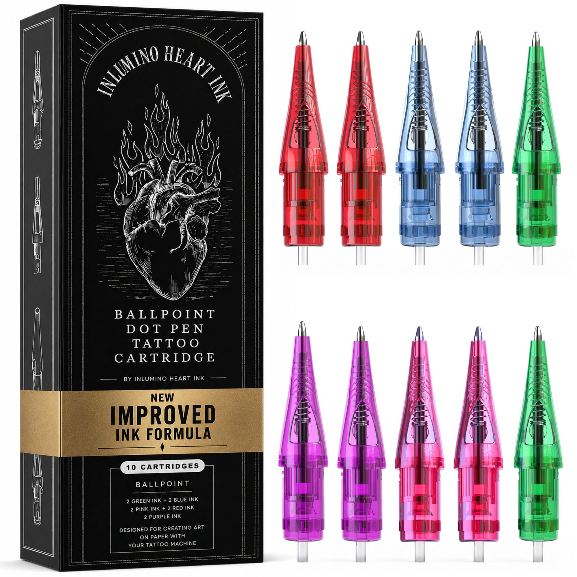 Inlumino Heart Ink Ballpoint Dot Pen Tattoo Cartridges for