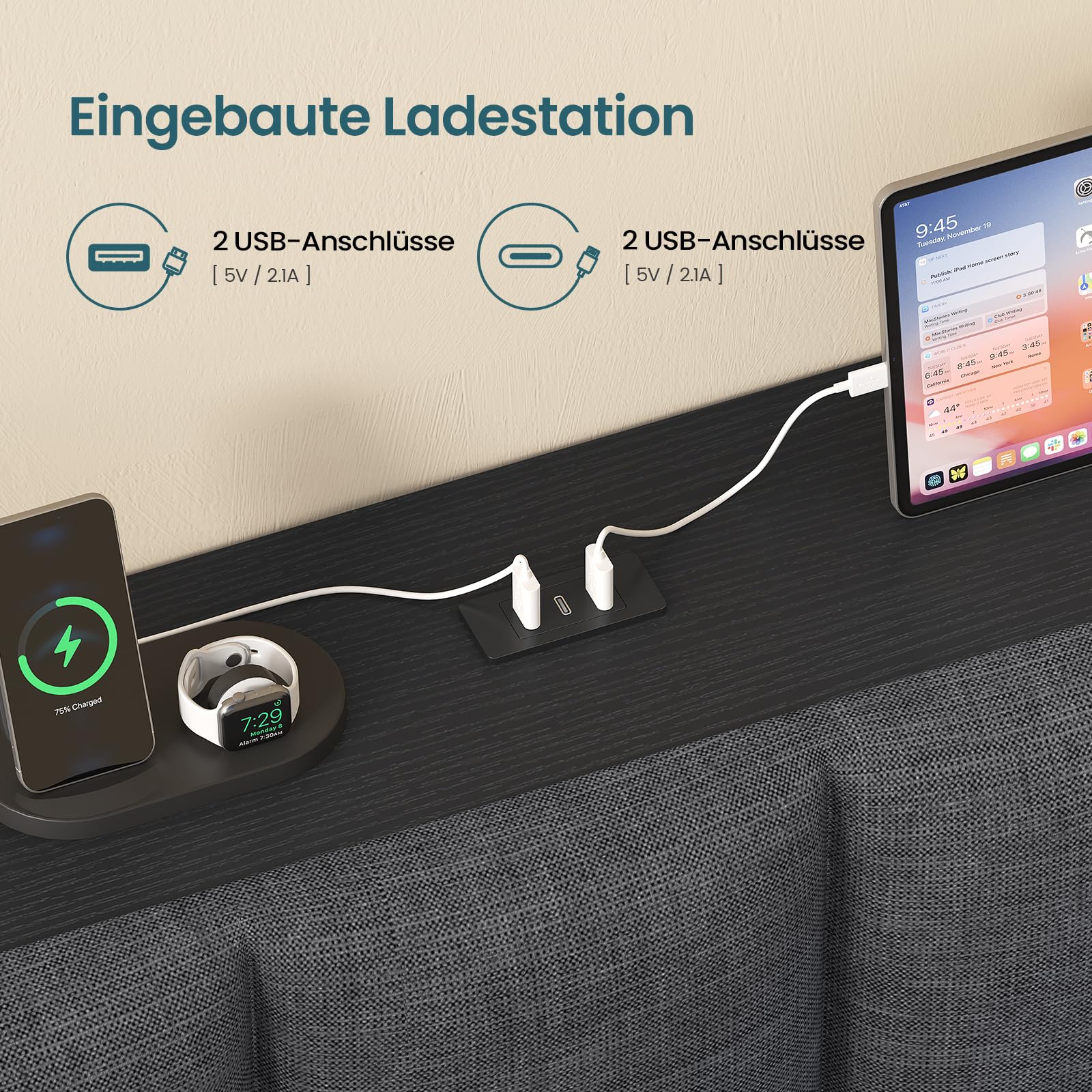 KIMENICH Polsterbett Schlafsofa 140x200 cm, Jugendbett 140x200 cm mit LED-Beleuchtung und Ladestation, Tagesbett mit 2 Schubladen, Seitenschrank mit Schiebetüren, Kopfteil mit Stauraum, Schwarz