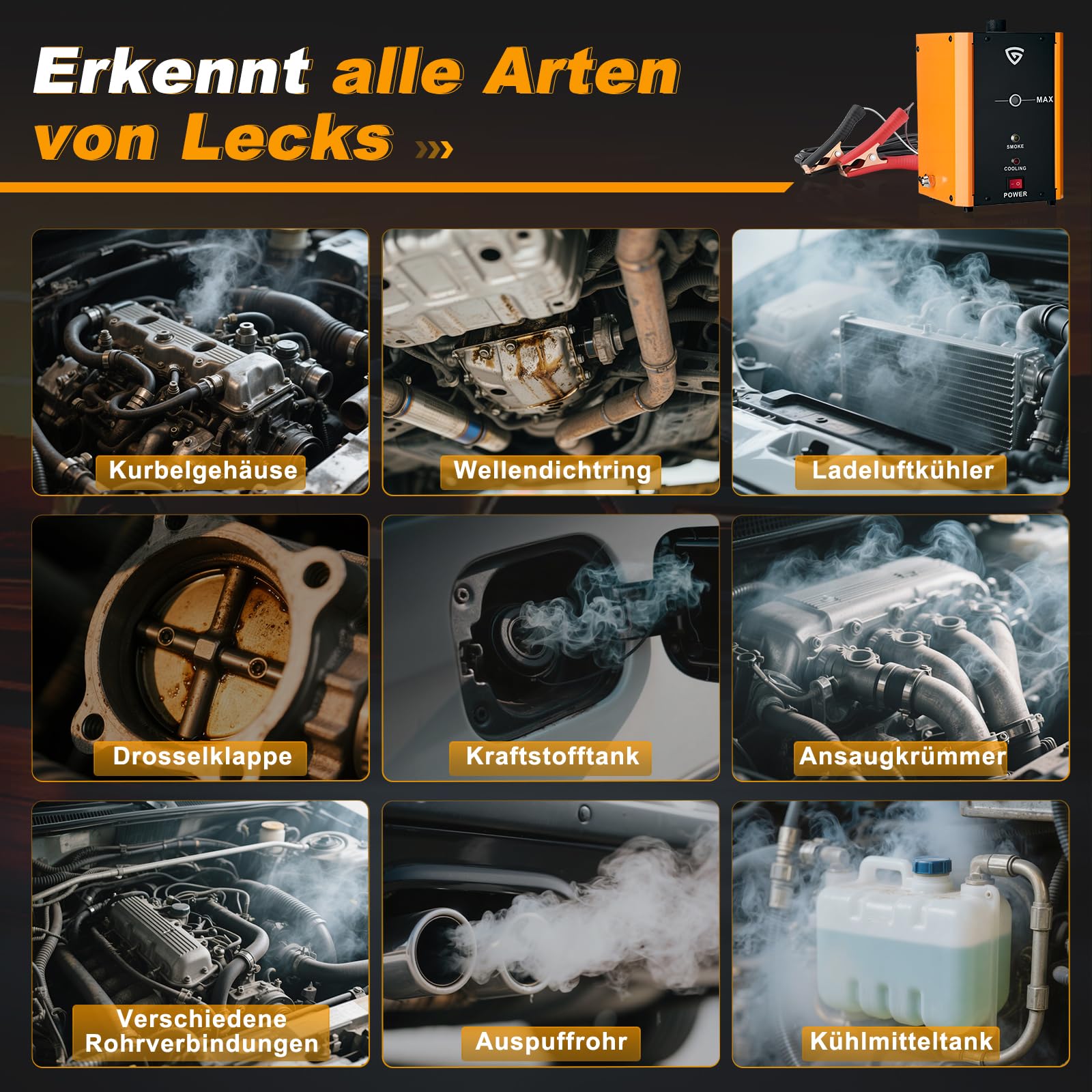 GEARMONSTER Nebelmaschine KFZ Rauchmaschine Lecksuchgerät mit Eingebaute Luftpumpe, DC 12V Rauch Maschine für Autos, Motorräder, Leicht-LKWs, Boote, ATV, Schneemobile