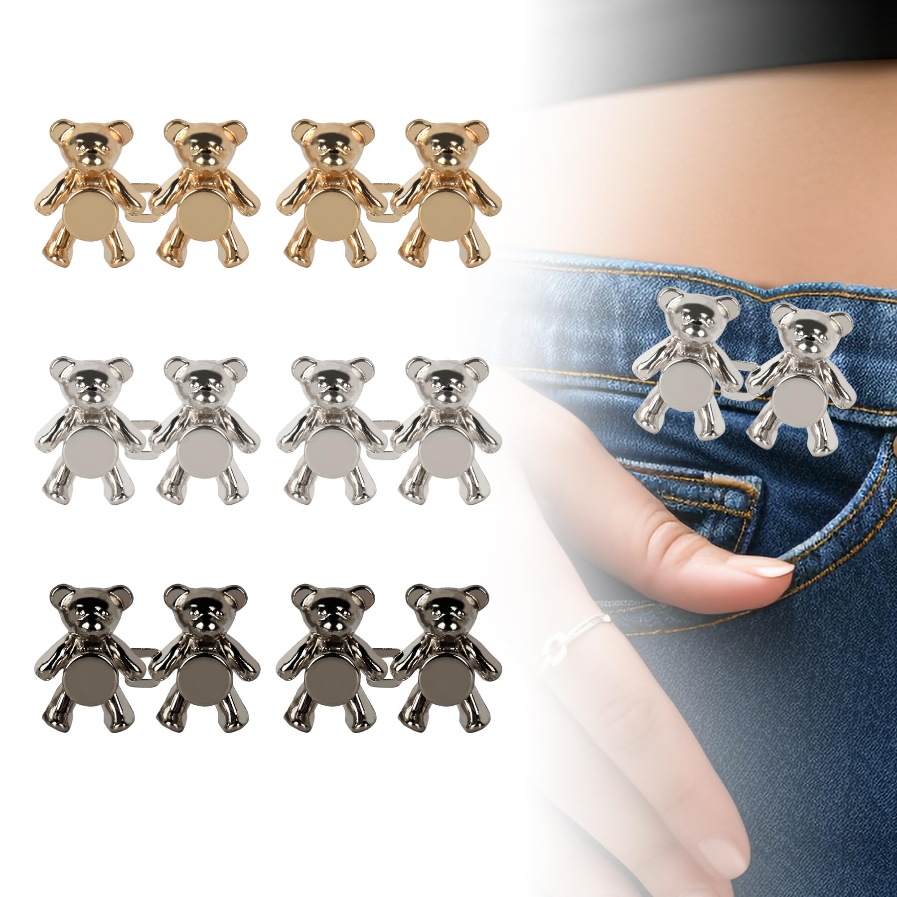 Redvigh Bear Pants Button Tightener 6 Sets, No Sew Adjustable Button Pins Waist Tightener Clips Waistband Buckle for Loose Jeans Dress Skirt