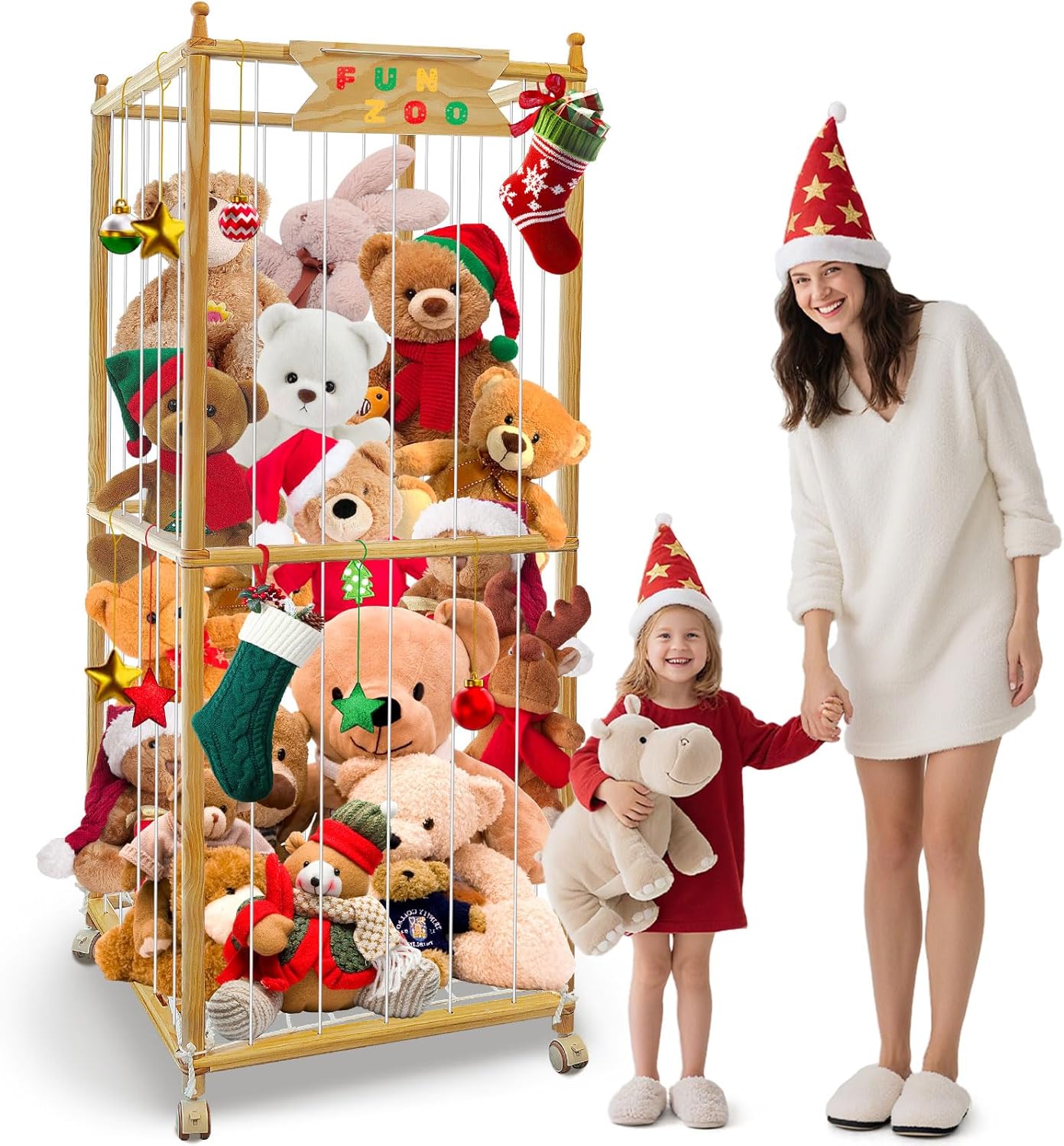 Large Stuffed Animal Storage, 550L Wood Plush Toy Storage With Wheels, Kids Plushies Storage With Thicker Elastic Band, Stuffed Animal Organizer For Playroom, Bedroom, Nursery(22.5in*22.5in*66.4in)