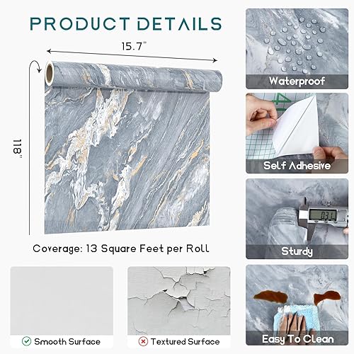 Miniatura 8 de VEELIKE Papel de contacto de mármol gris claro, impermeable, para encimeras de cocina, 15.7 x 118 pulgadas, papel tapiz de mármol gris,