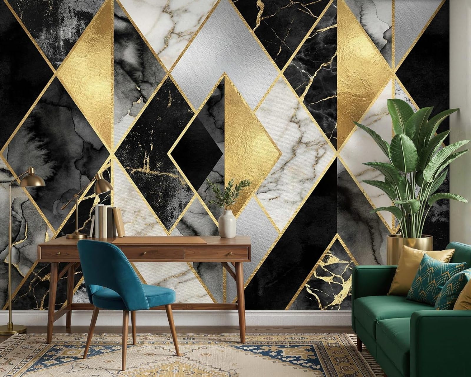 kfjhgbdshhj Photo Wallpaper Geometric Lines Gold Black Marble Non-Woven Wallpaper Modern Living Room Bedroom Children's Room Motif Wallpaper, 400cm x 280cm Stickers - Frameless Painting - Poster
