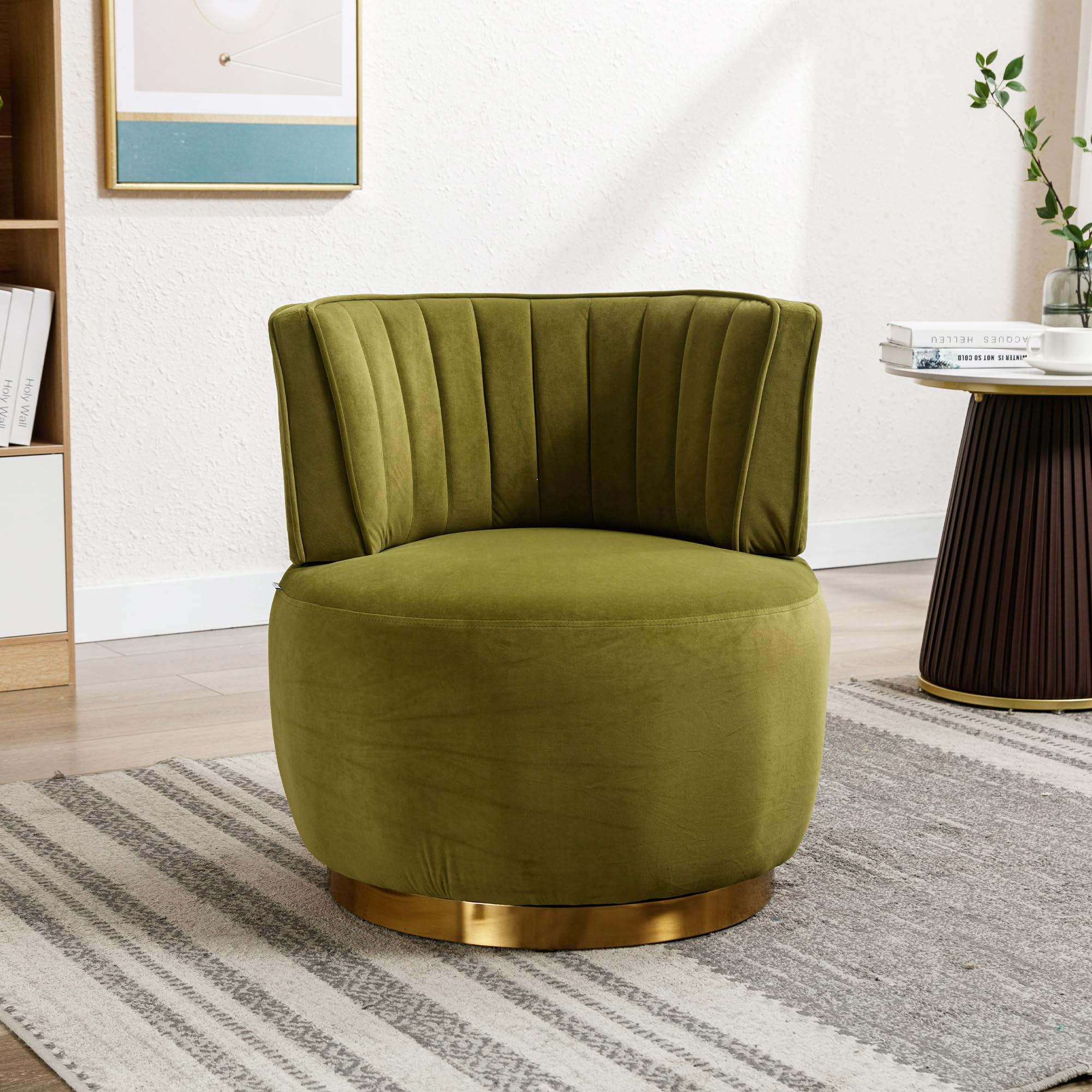 Sedia girevole moderna a 360 gradi, con finitura in velluto morbido, schienale comodo, struttura stabile, adatta per soggiorno, camera da letto, studio, verde oliva