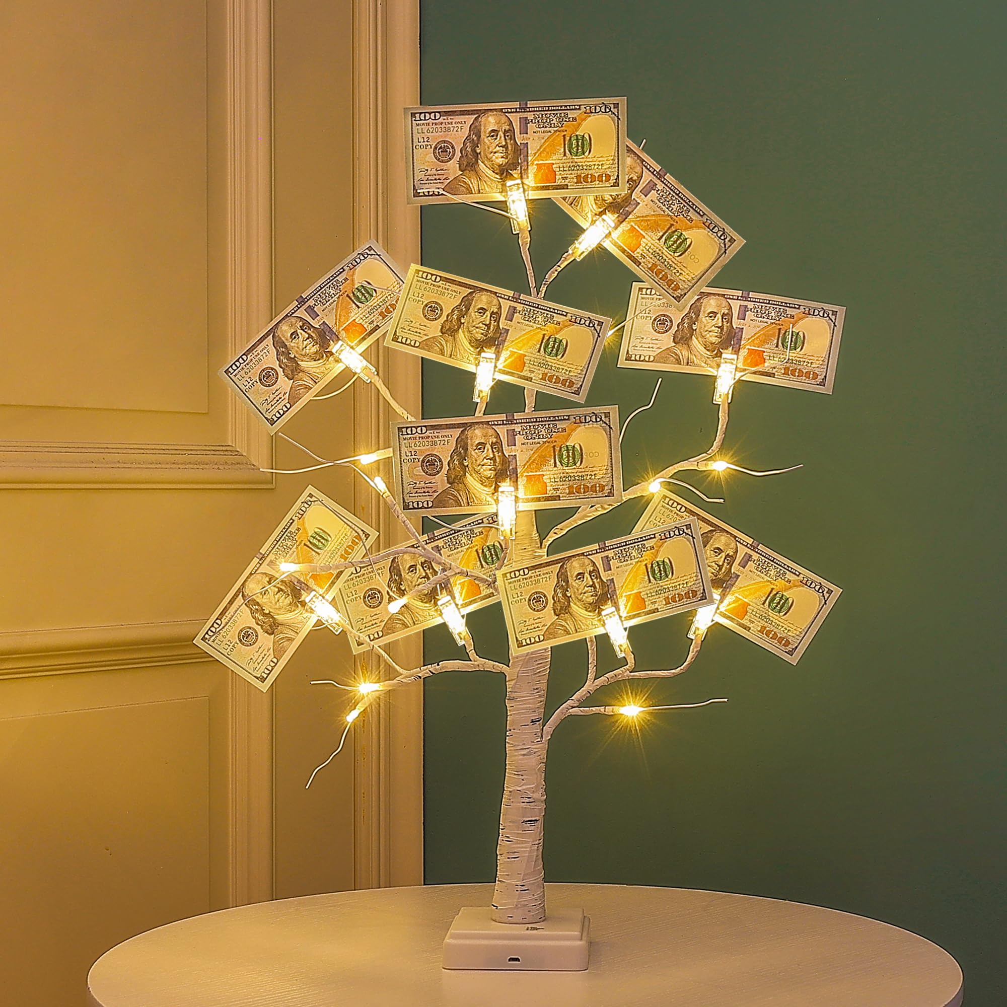 Woohaha 2FT Money Tree with Holder,24LED Lighted Birch Tree Table Centerpiece,Gift Card Battery/USB Powered with 6 Clips and 6 Greeting Cards for Home,Party,Christmas,Wedding,Birthday,Graduation