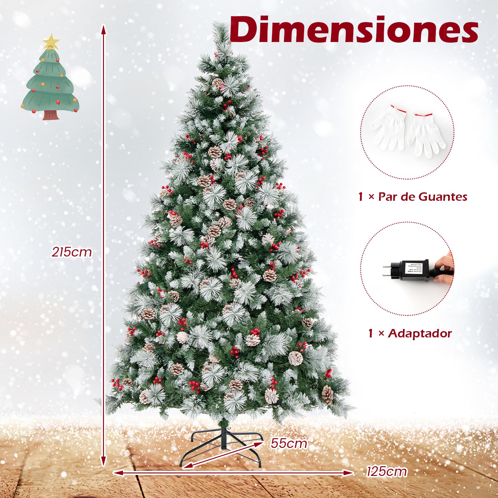 COSTWAY Arbol de Navidad con Luces Incorporadas 215cm, Agujas de Pino, 70 Conos de Piña y 70 Bayas Rojas, 400 Luces LED, 11Modos, 1116 Puntas de PVC, Arvore de Natal w/Light
