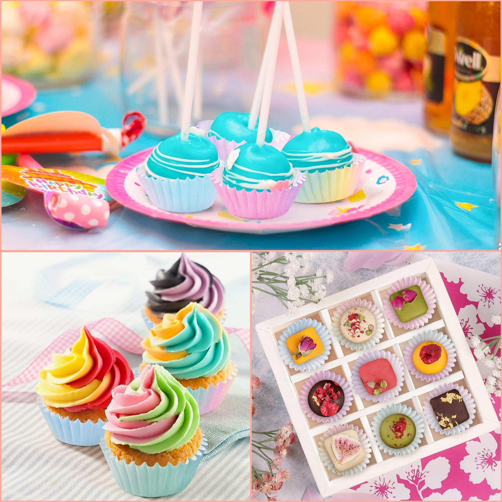 COcnny Mini-Cupcake-Papiereinlagen, Rosa, Blau, Lila, Farbverlauf, Backförmchen, Muffin-Papierhülle, Cupcakes, Wrappers für Babyparty, Kuchen, Schokolade, Süßigkeiten, Zubehör für Geburtstag,