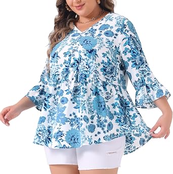 Agnes Orinda Women Plus Size Floral Blouses Summer Babydoll Peplum Tops