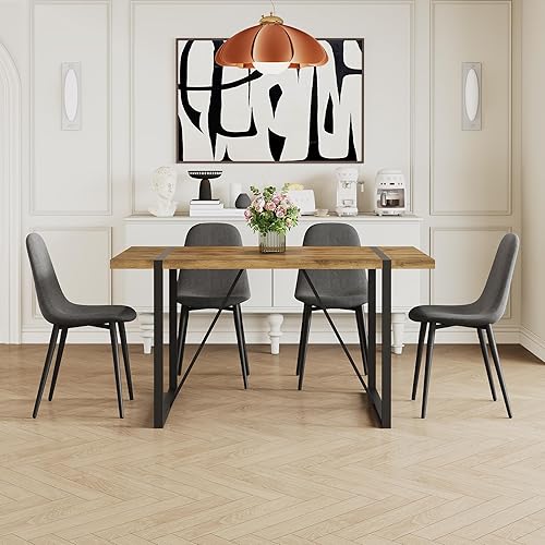 Miniatura 5 de Juego de 4 sillas de mesa de cocina, moderna mesa de comedor de madera oscura de 55 pulgadas y sillas de comedor de tela, juego de 4, juego de mesa