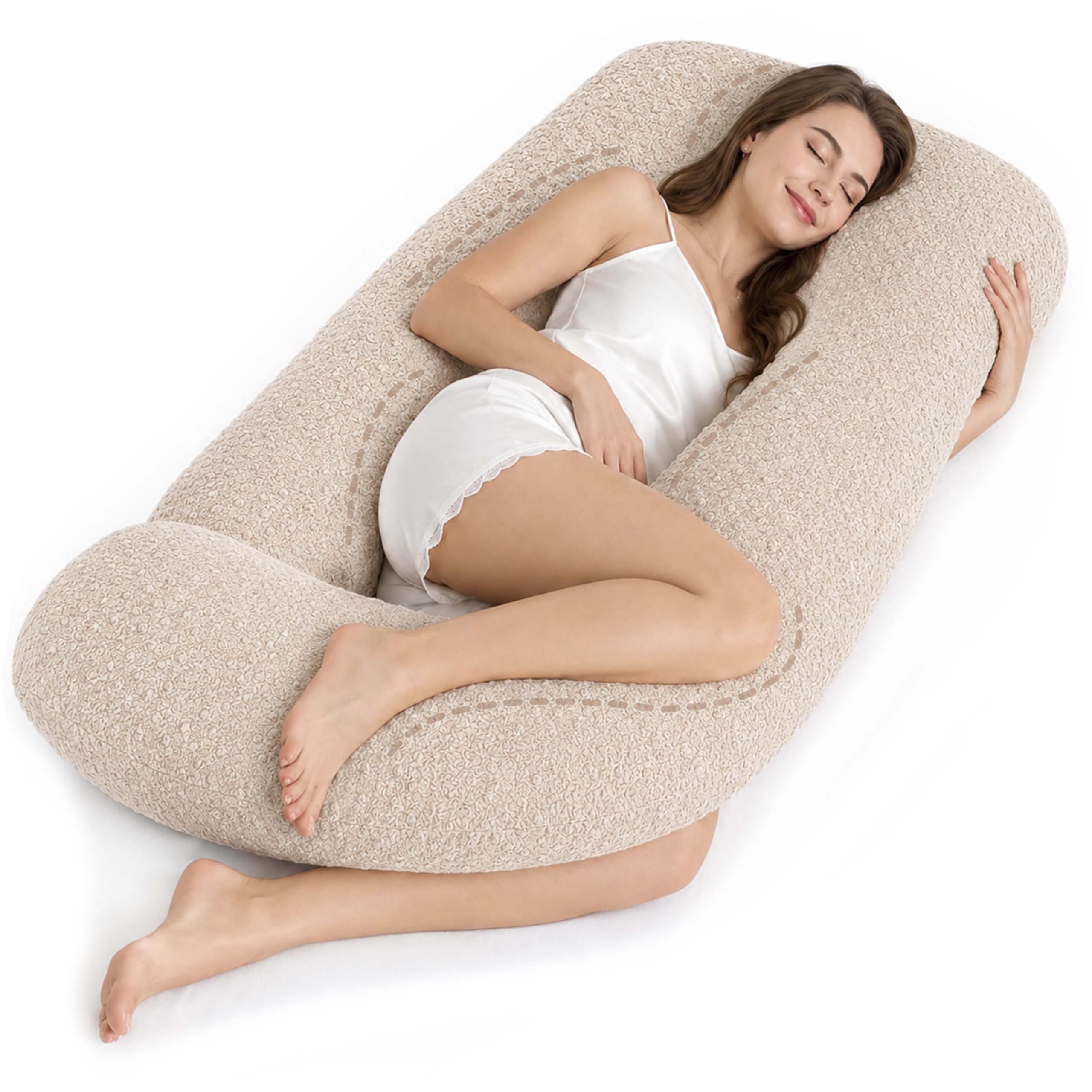 Schwangerschaftskissen J-Form, Stillkissen Seitenschläferkissen mit Verstellbarer Füllung, abnehmbar Bezug, Lagerungskissen für Schwangerschaft & Stillzeit ekmTRADE (82 - Bouclé Beige, Kissen + Bezug)