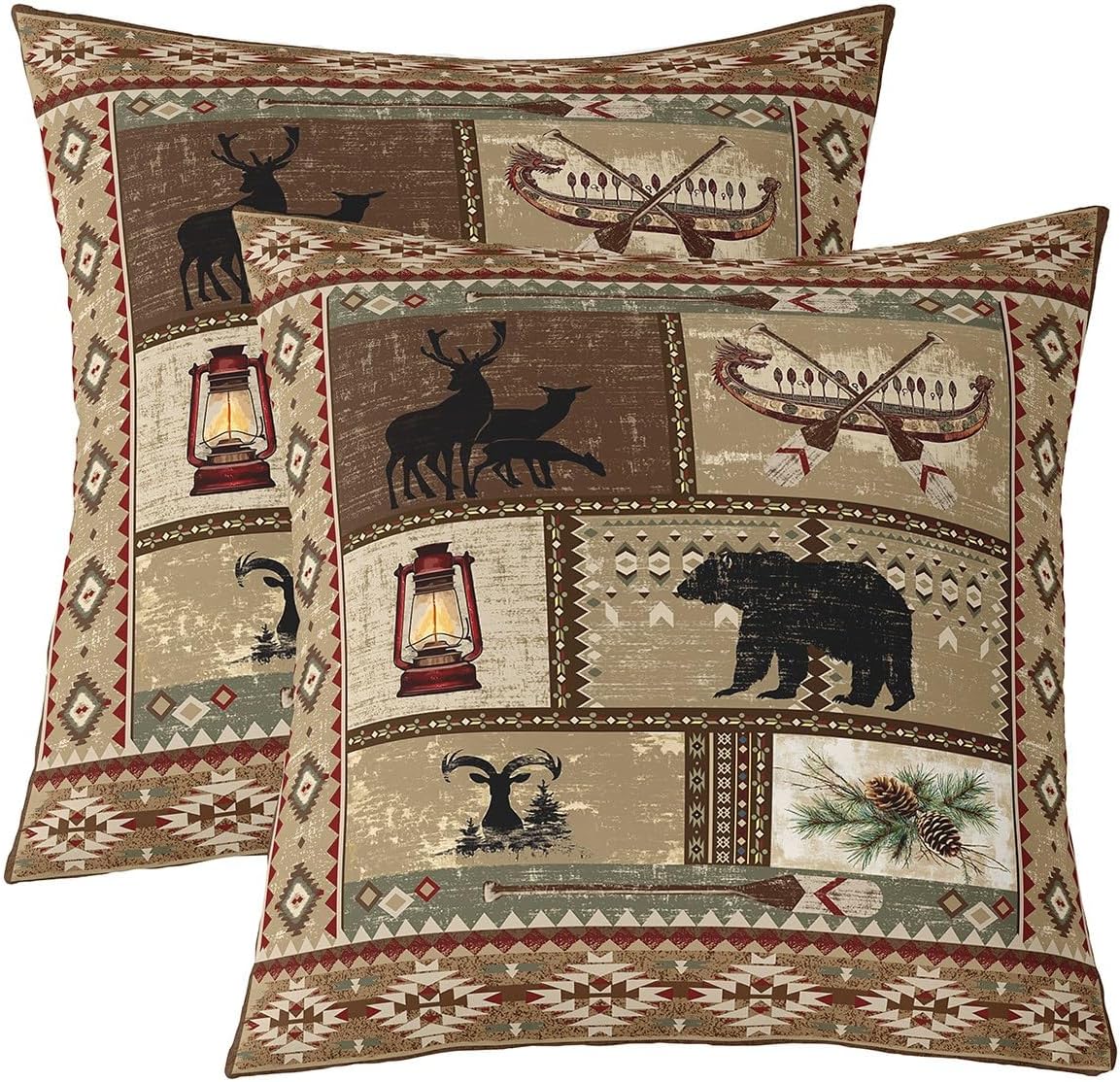 Rustic Cabin Cushion Coverss Set of 2,Bear Deer Wooden Canoe Pinecone Patchwork Pillow Covers,Southwest Exotic Aztec Throw Pillow Covers 22x22 for Boys Men,Farmhouse Lodge Decorative Pillow Covers