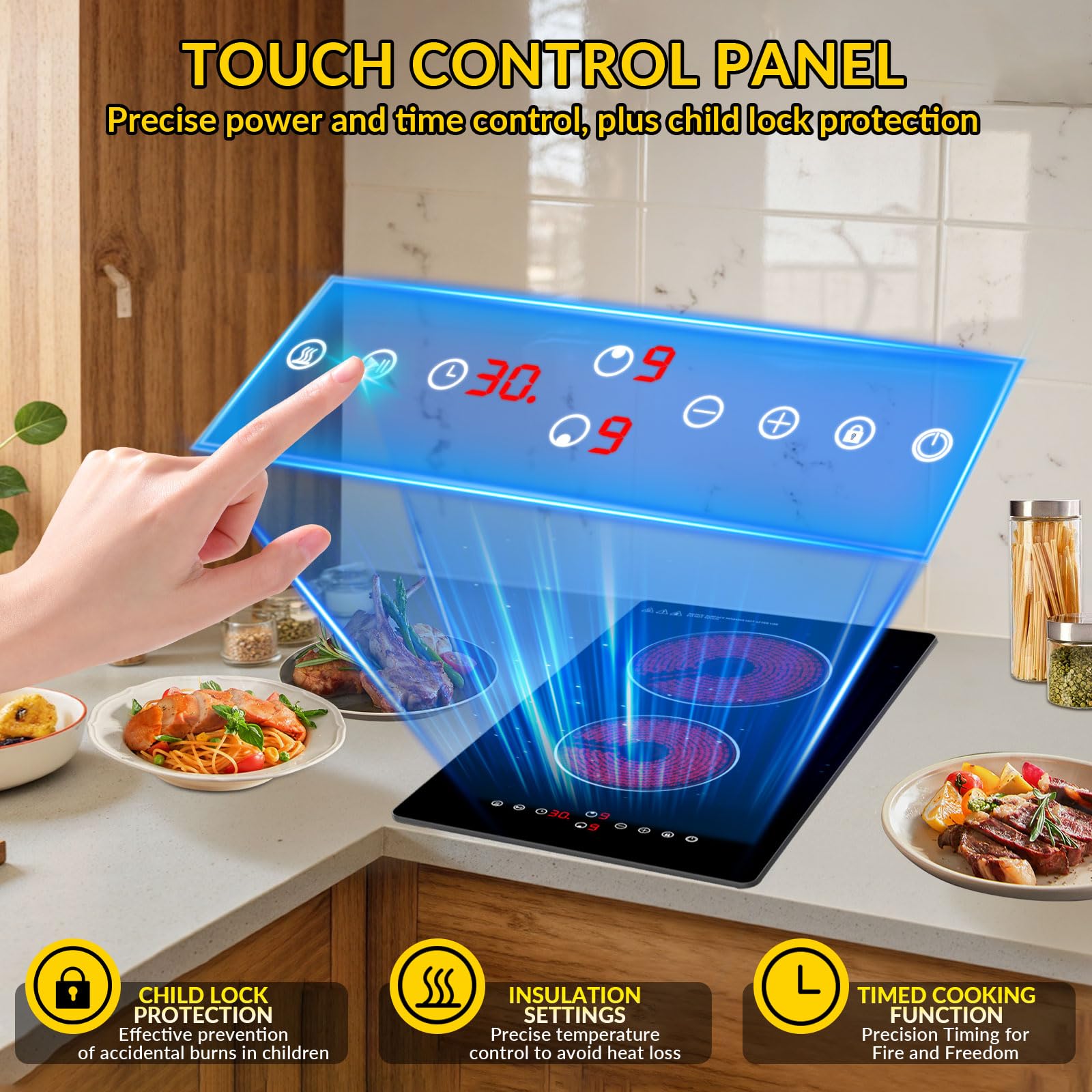 Plaque Vitrocéramique 2 Feux Encastrable, Plaque de Cuisson 3000W Tactile, 9 Niveaux de Puissance, Maintien au Chaud, Minuterie, Sécurité Enfants, Compatible Tous Types de Casseroles