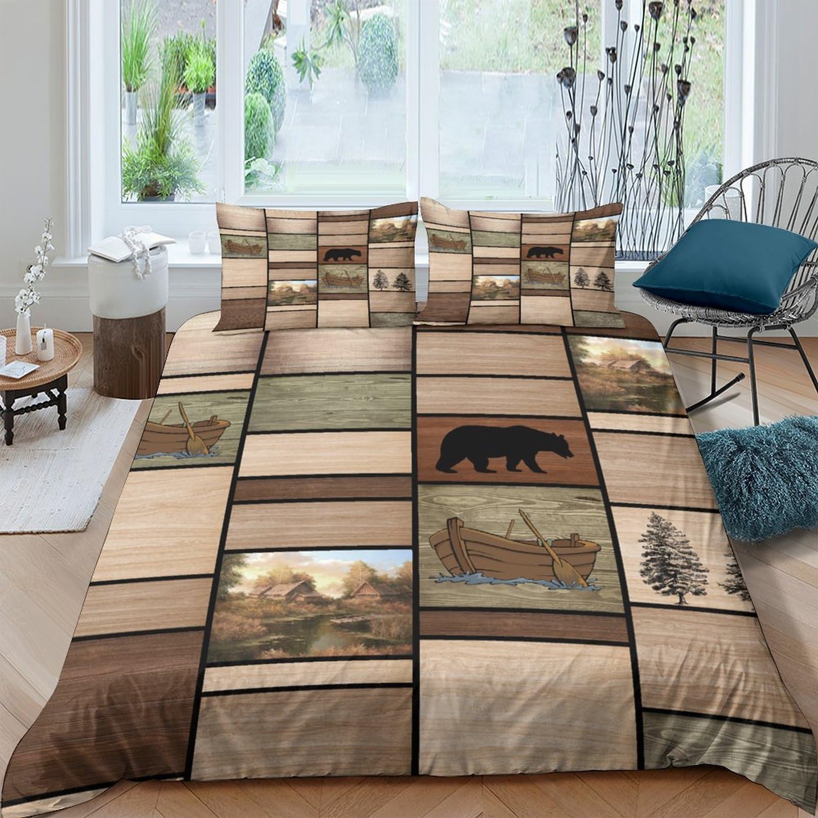 GPLZQXKJNH 3D Printed Forest Bear Duvet Cover Microfiber Breathable Mountain Landscape Bedding Set with 2 Pillowcases for Bedroom Decor Single（135x200cm）