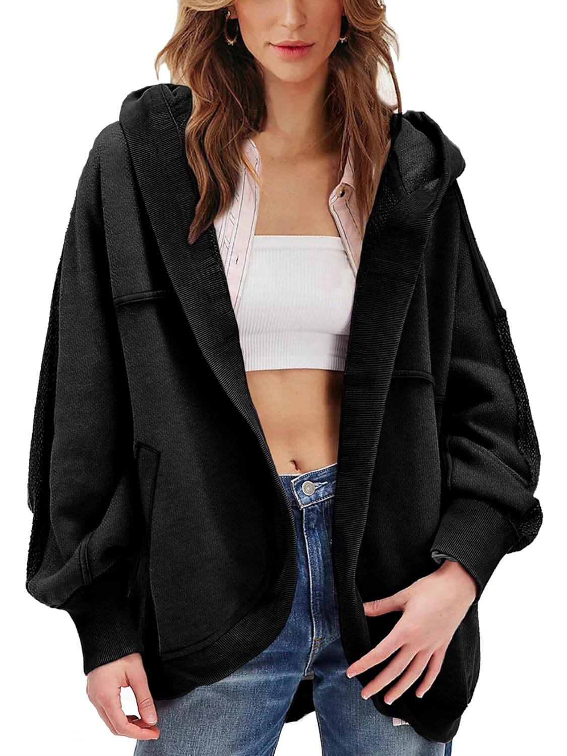 Womens Oversized Hooded Cardigan Jacket Open Front Raglan Sleeve Sweatshirt 2025 Fall Winter Outfits with Pockets