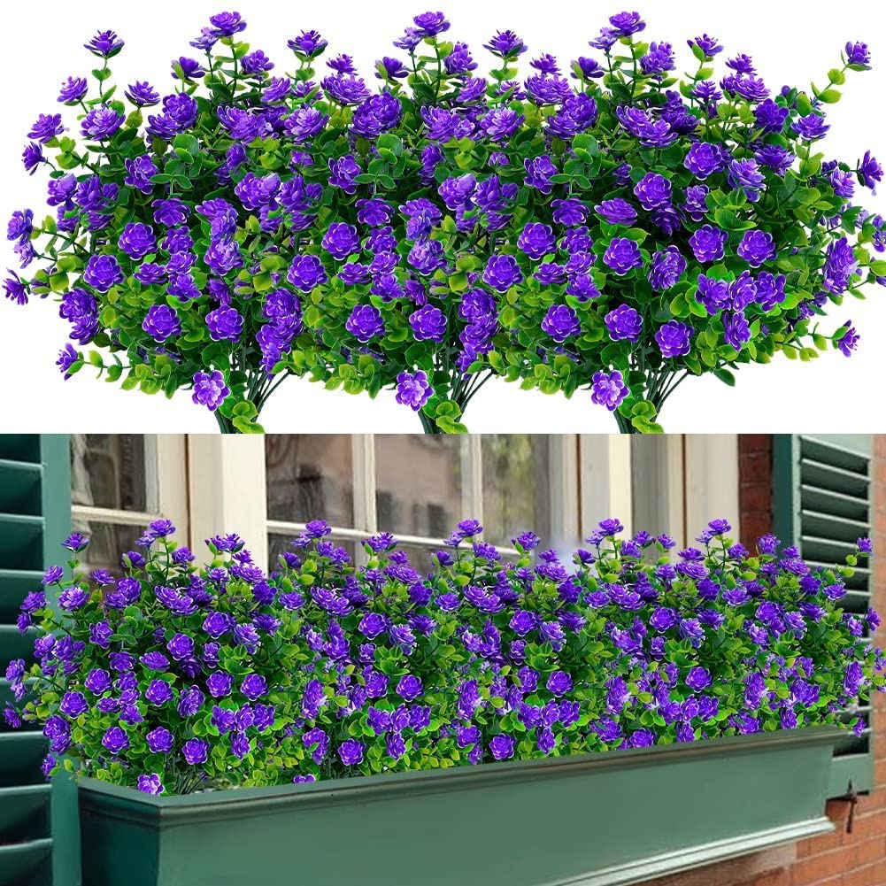 LOMOHOO 8 Bundles Artificial Flowers,Fake Flowers in Bulk,Artificial Plants Outdoor UV Resistant Plastic Shrubs for Home Garden Window Wedding Decor