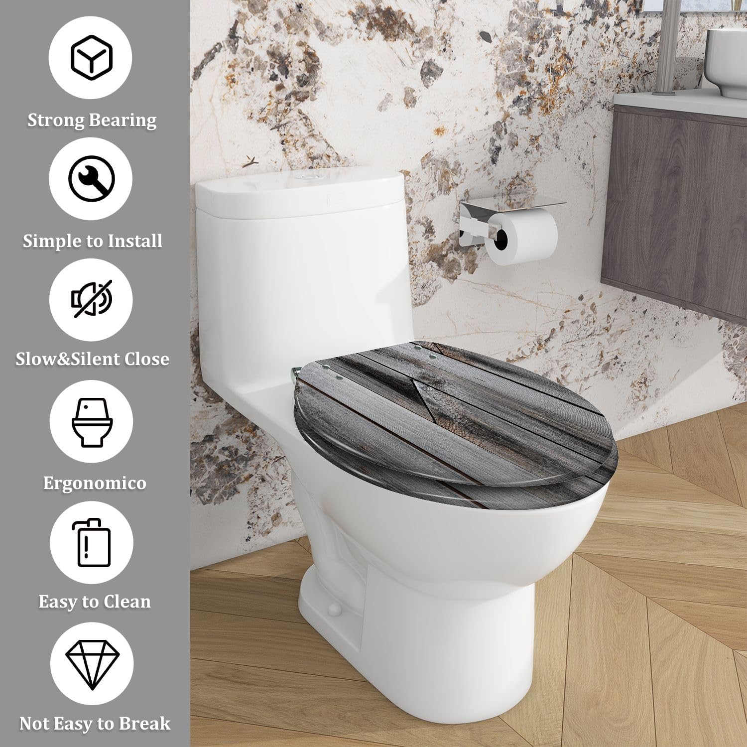 Elongated Toilet Seat Weathered vertical wood barn planks Art Resin Toilet Seat Easy to Install Quietly Close Quick Release Hinges Decorative Toilet Seat with Cover