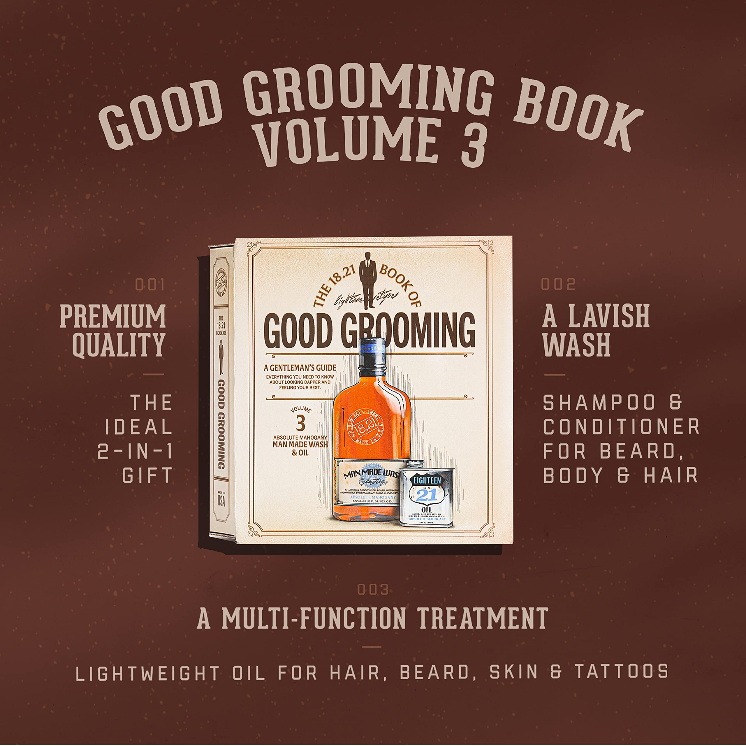 18.21 Man Made, Zestaw prezentowy Volume 3, Kosmetyki dla mężczyzn, Szampon 3w1 i Olejek do brody, Absolute Mahogany