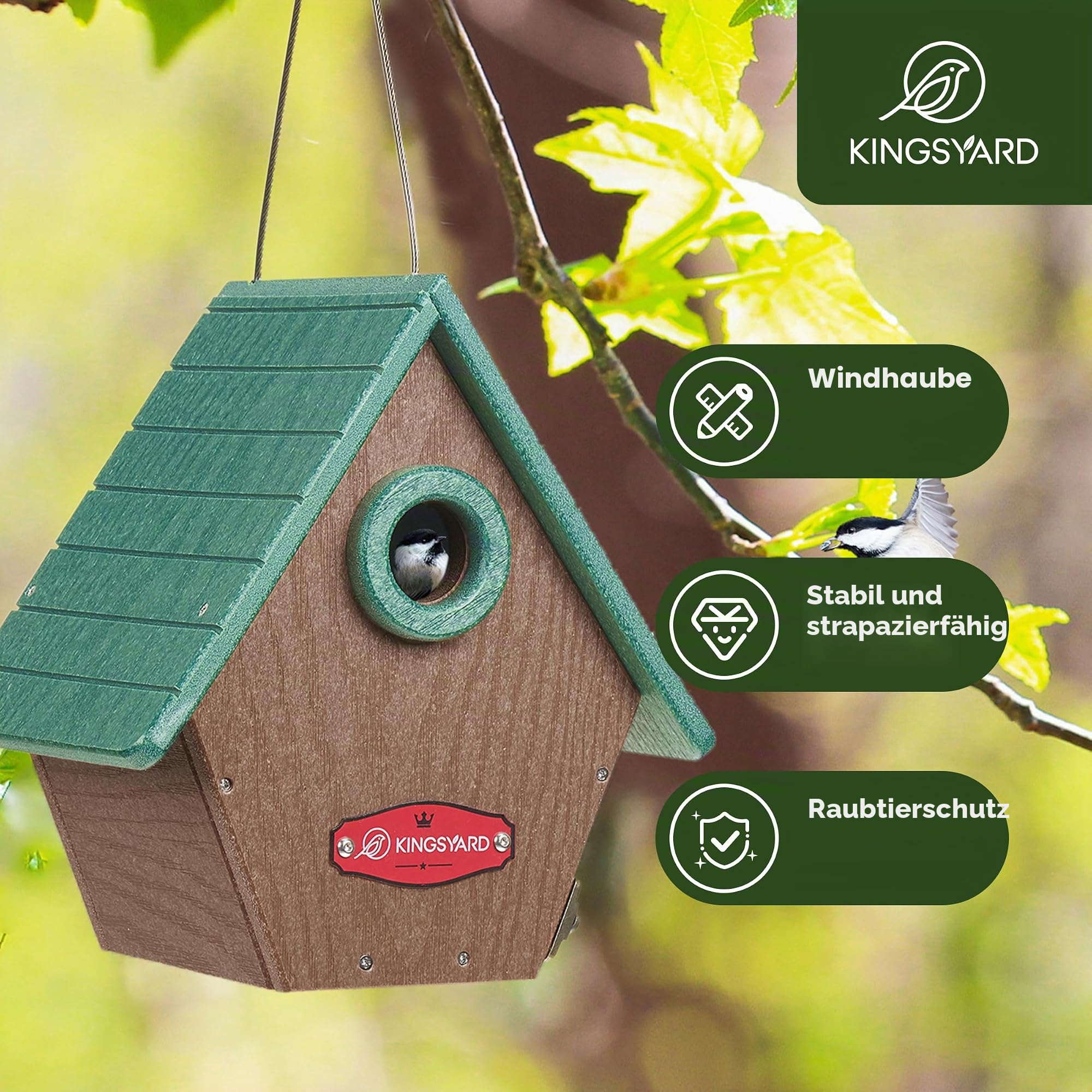 Kingsyard Nistkasten Vogelhaus aus recyceltem Kunststoff für den Außenbereich - Hängende Nisthöhle mit Räuberschutz & Belüftung für Zaunkönig, Finken, Meisen,Grün