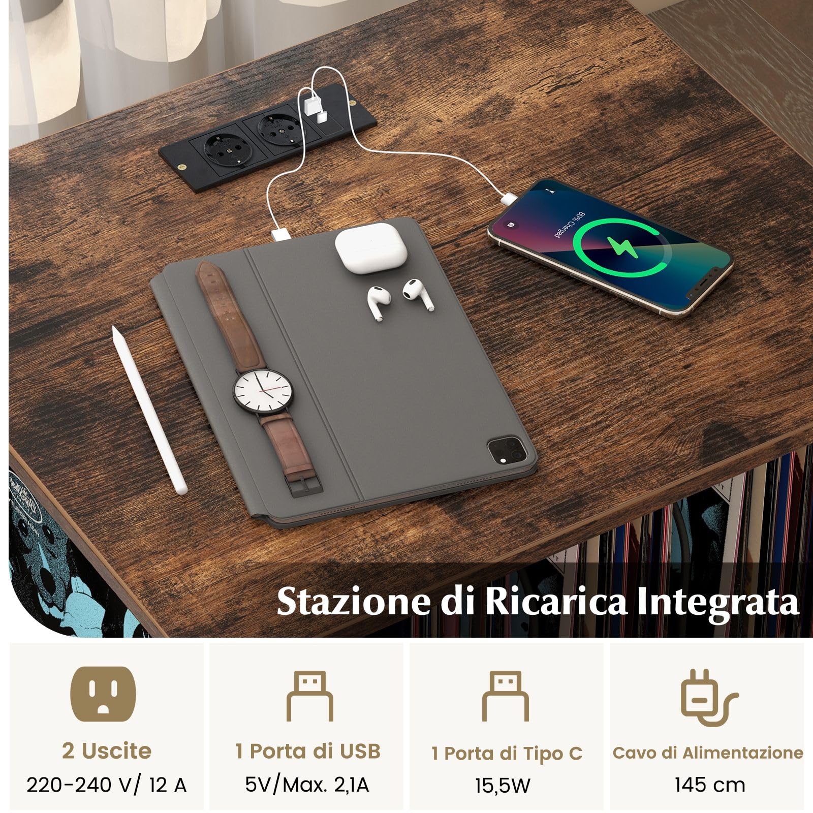 RELAX4LIFE Supporto per Giradischi con Stazione di Ricarica, Porta Vinili a 3 Ripiani con Ruote, Espositore per 250 Album, Carico Max 90kg, per Ufficio, Studio, Camera da Letto (Marrone)