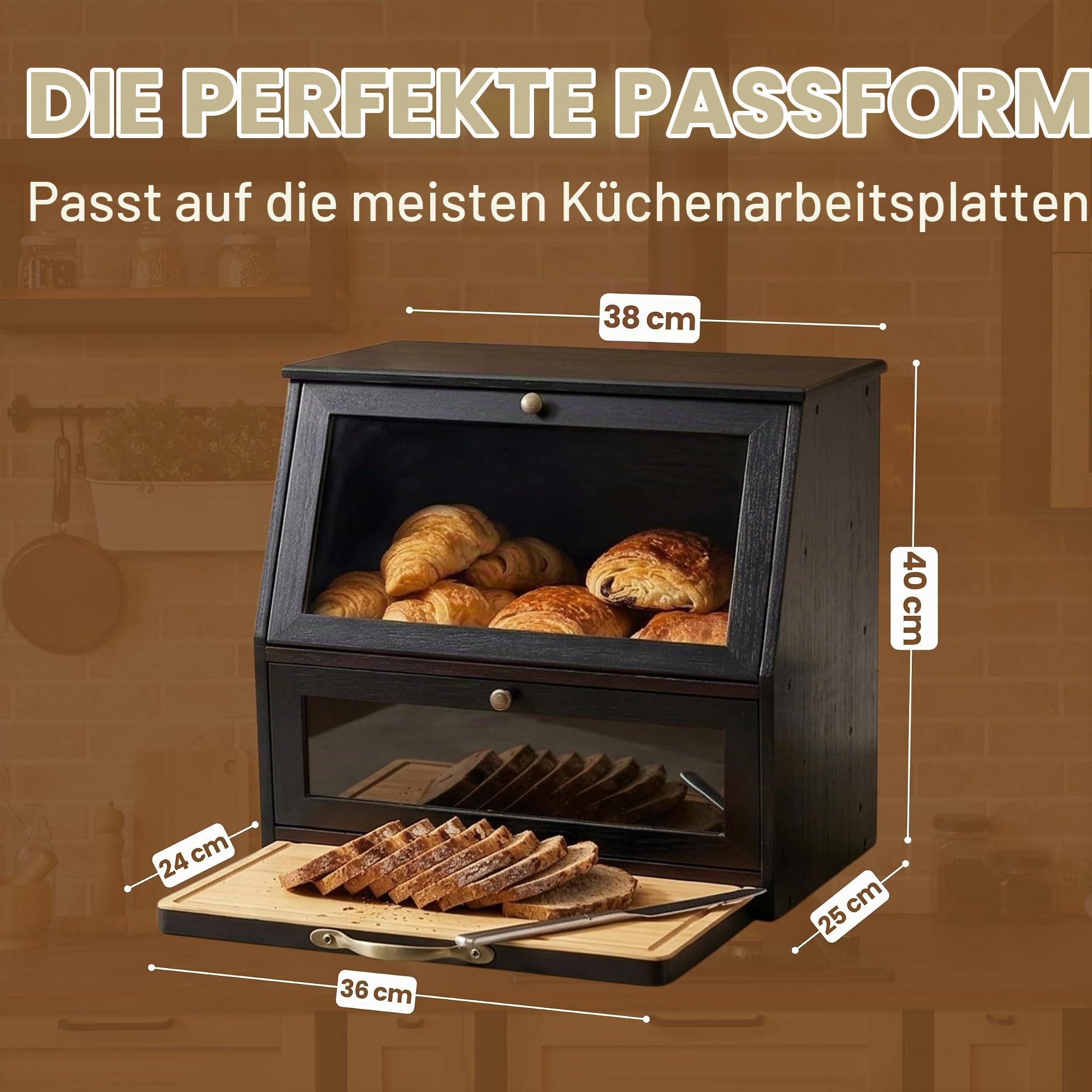 Brotkasten Holz im Vintage Landhaus-Stil – Große Brotaufbewahrungsbox mit 2 Etagen & Integriertem Schneidebrett – XXL Brotaufbewahrung Schwarz aus Bambus – Traditioneller Brotbehälter Frischhaltend