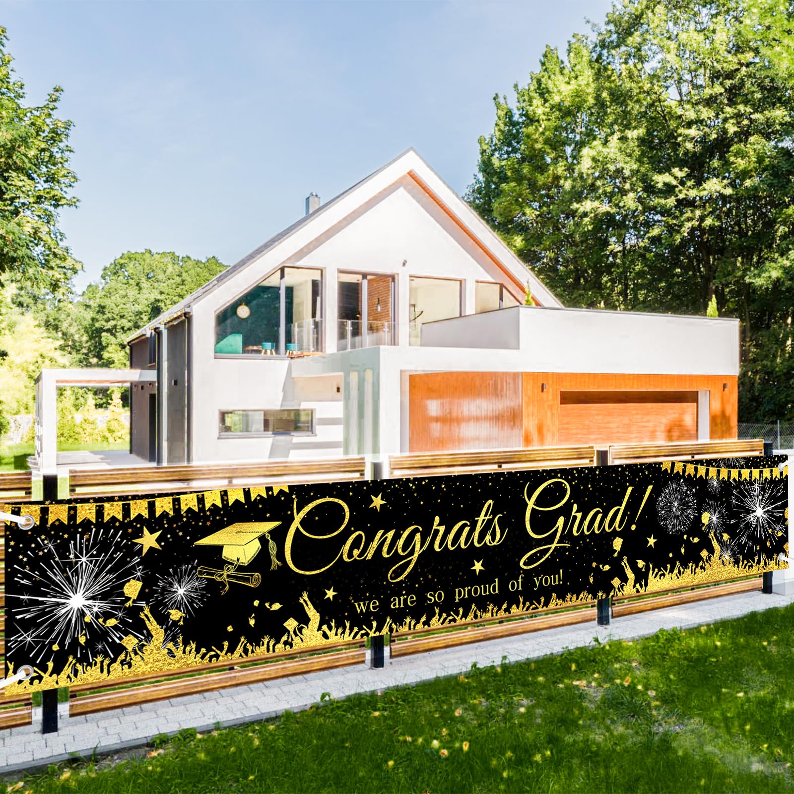 Large Congrats Grad Banner Blue Class of 2025 - Graduations Party Banner Backdrop, Yard Sign, Photo Booth Decor - Graduation Decorations 2025 for Graduation Outdoor & Indoor Parties (Black)