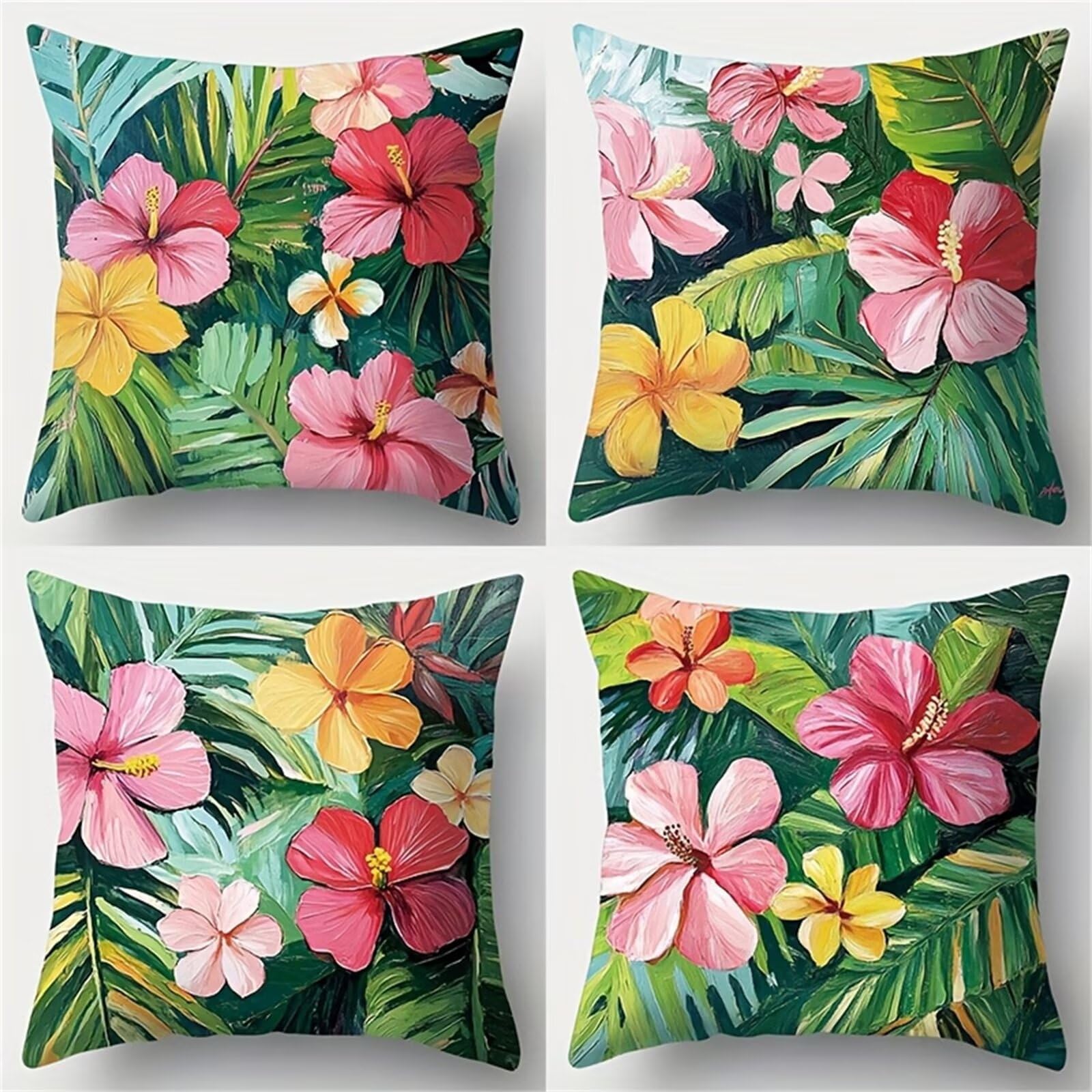 QiHon Cushion Covers 30x30 cm Set of 4 Flowers Palm Leaves Linen Square Pillow Cases 12x12 inch Modern Decorative Throw Pillow Covers for Sofa Couch Bedroom Home Office with Invisible Zipper
