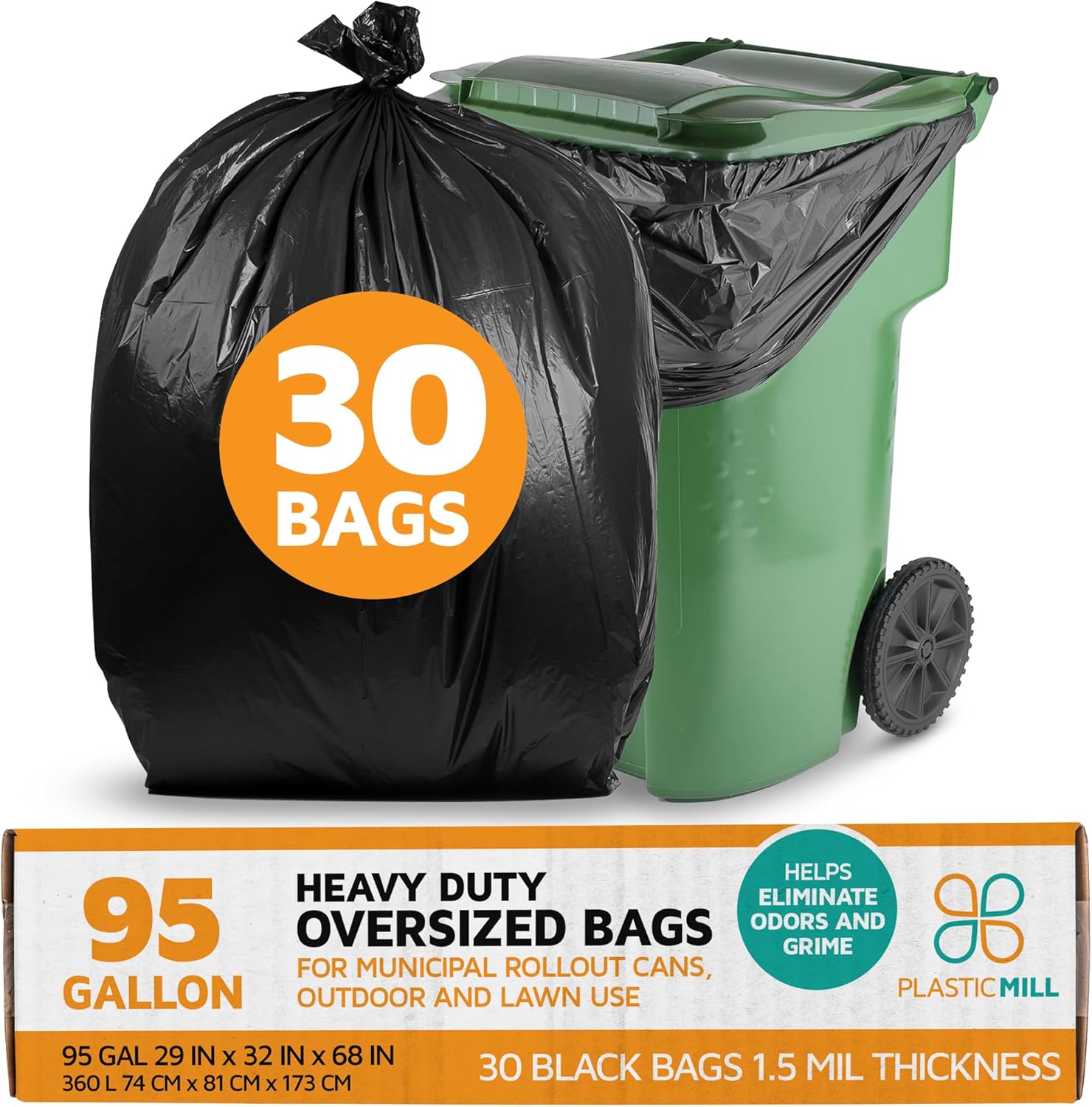 PlasticMill Heavy Duty Trash Bags - Black Garbage Bags - Plastic Trash Bags for Large Rolling Trash Bins - Tall Trash Bags - 95-Gallon Large Kitchen Trash Bags, 1.5 Mil, 61"x68" (30-Count)