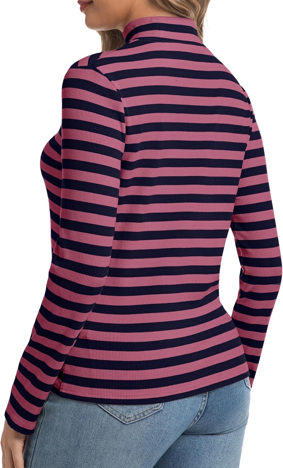 Women's Long Sleeve Stripe Shirts Fall Casual Mock Neck Ribbed Knit Tops 2025 Fashion Clothes - Image 5