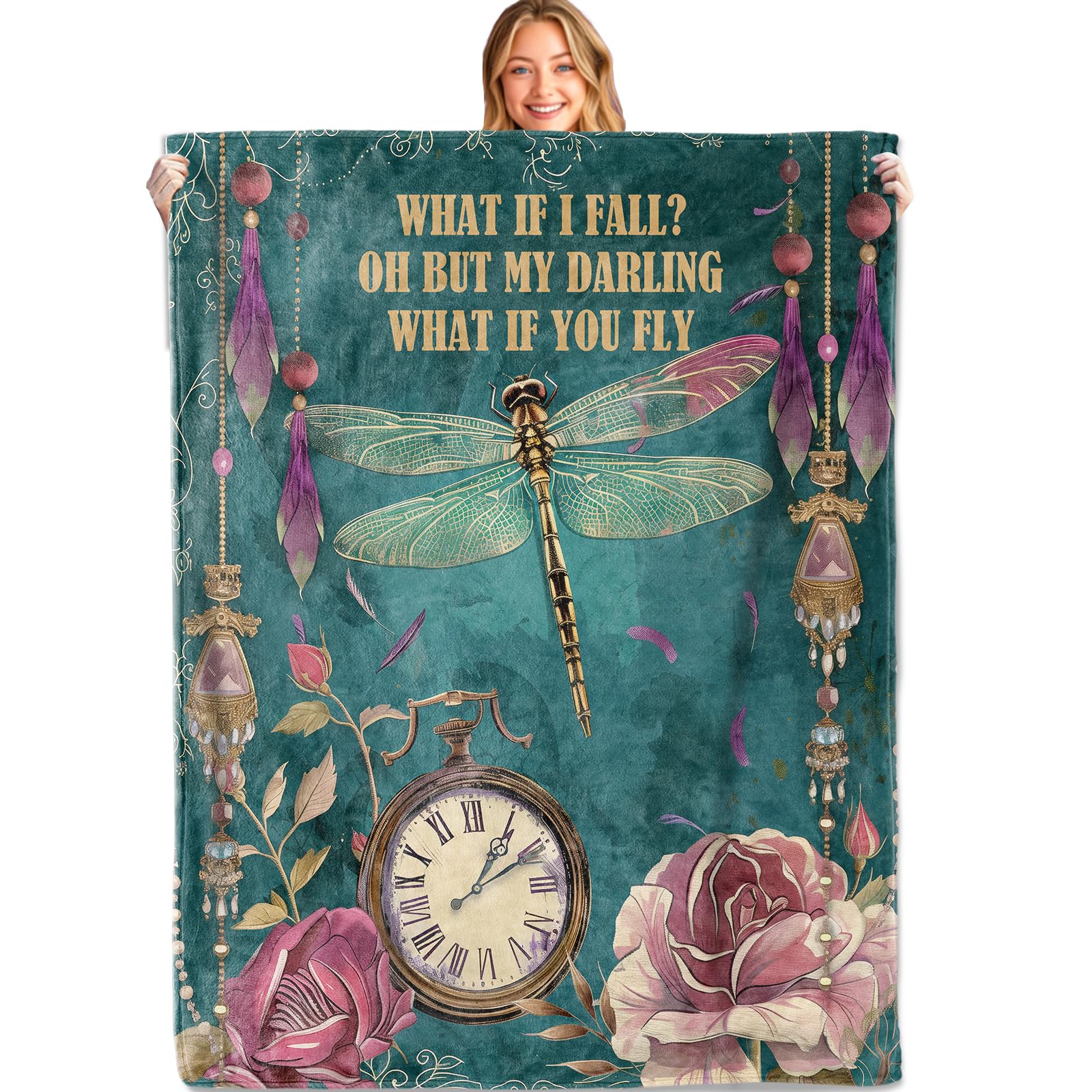 MIEPOS Inspirational Dragonfly Throw Blanket, 50x60in, Soft, Lightweight Flannel, Quote with Pocket Watch, Roses and Jewels Blankets, Gifts for Women,