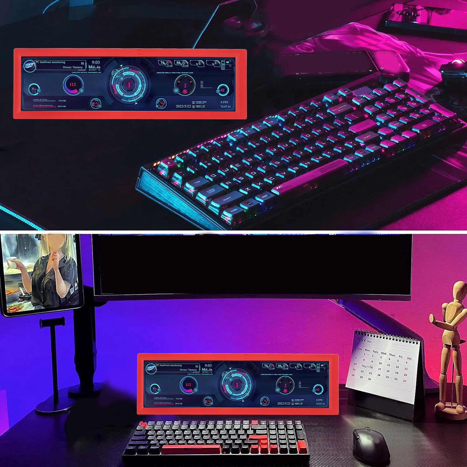 SIXRUN Display della Temperatura del PC da 8,8 Pollici, LCD IPS HD Professionale, Schermo Secondario per i Dati della CPU, Ideale per Programmatori e Giocatori (rosso)