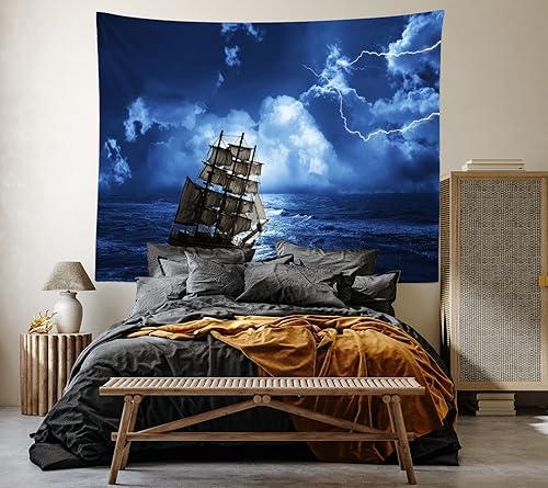 Miniatura 3 de Loccor Tapiz de pared de barco de 6 x 4 pies, diseño de barco pirata que lucha por la tormenta, paisaje, vela, para colgar en la pared, fondo