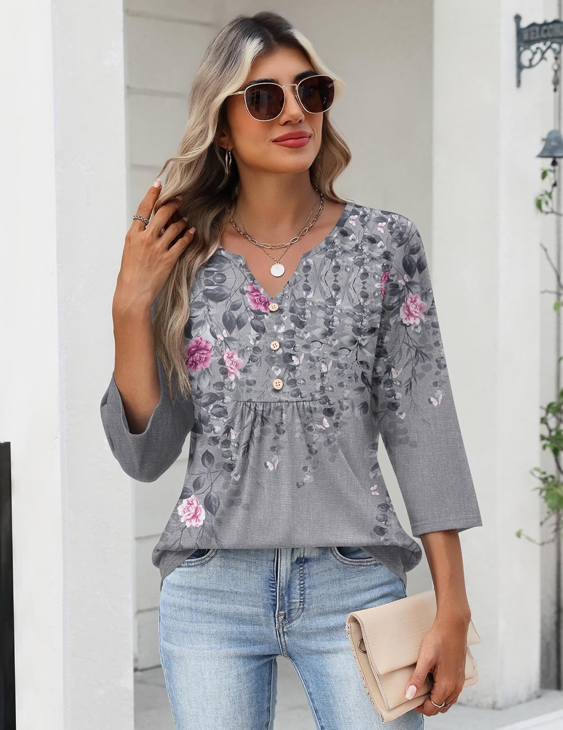 Zeagoo Womens 3/4 Length Sleeve Tops V Neck Dressy Casual T Shirts Pleated Business Work Blouses Basic Tees S-3XL - Image 3