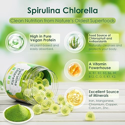 Miniatura 3 de Gomitas orgánicas de Spirulina Chlorella, superalimento rico en proteínas veganas, súper verduras y clorofila + vitamina C y D3, zinc, B12 para