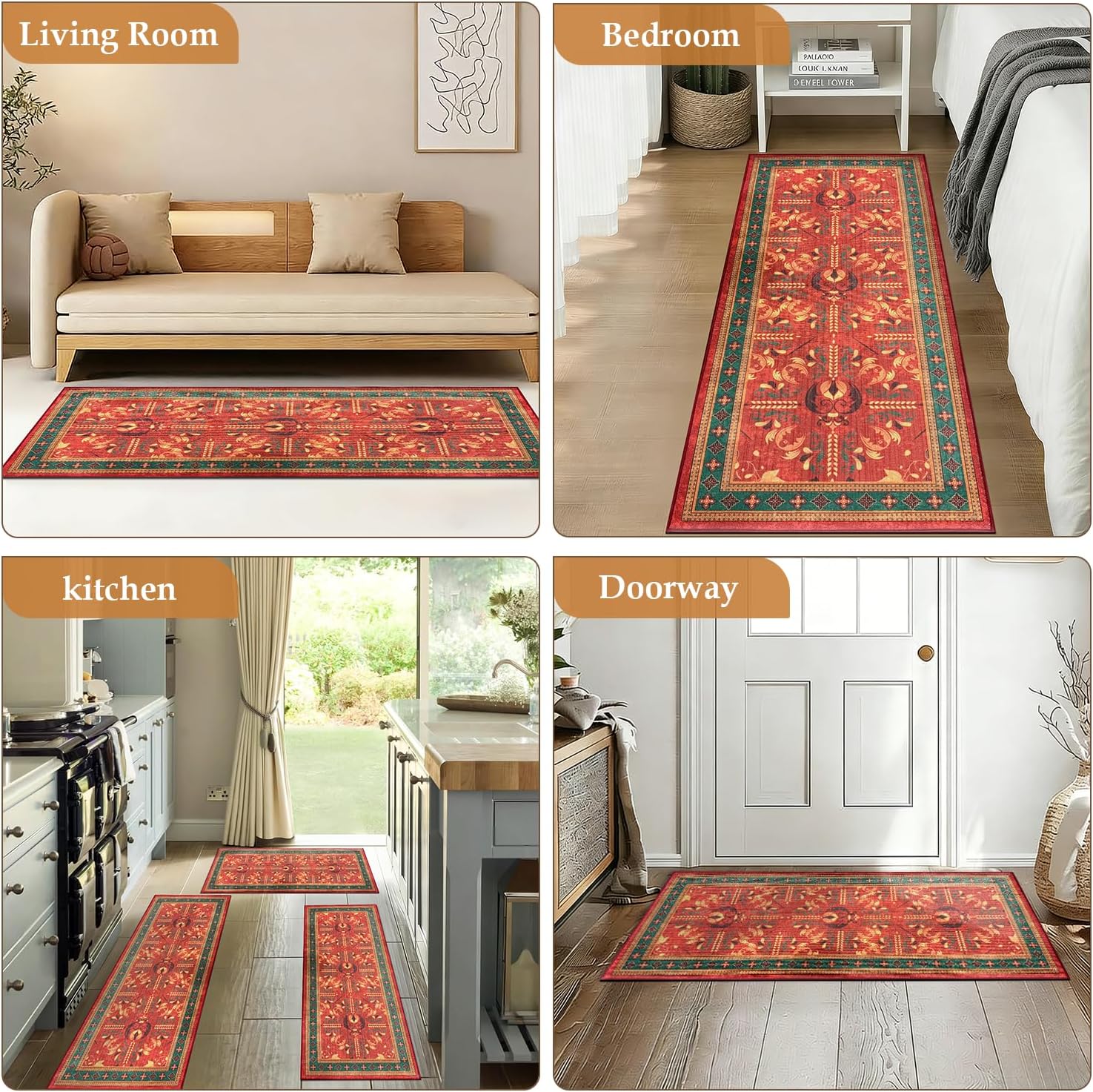 Washable Runner Rug, Non Slip Kitchen Mats for Floor, Hallway Laundry Room Rugs Backing, Waterproof Soft Comfort Standing Low Pile Distressed Organization and Storage Decor Carpet (Red, 24"x72")