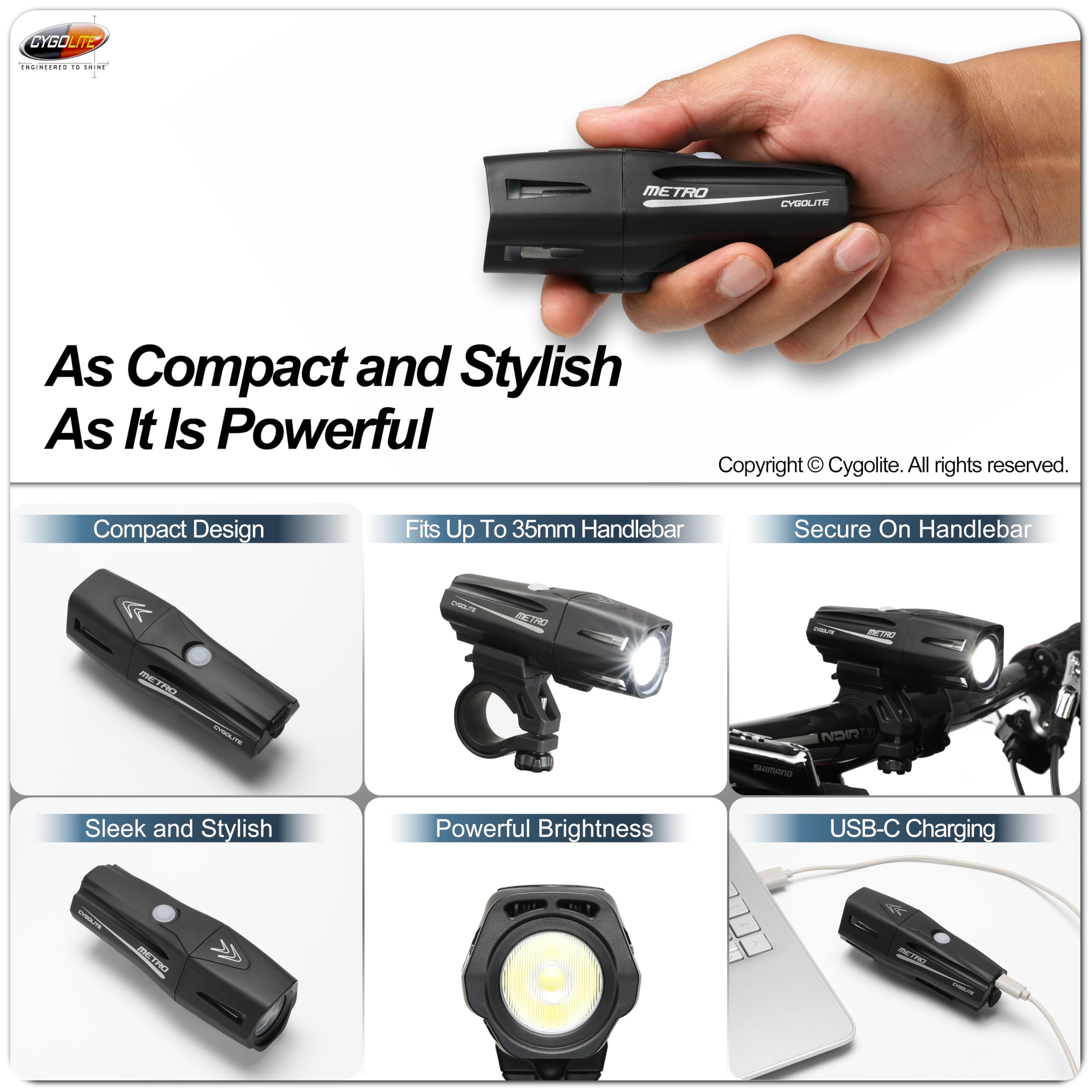 Cygolite Metro Plus 680 Lumen USB-C Luce Bicicletta - 8 Modalità di Luce - Uso Giorno e Notte - Compatto, Durevole, Impermeabile IP67 - Supporto rigido sicuro - per bici da strada, montagna, pendolari