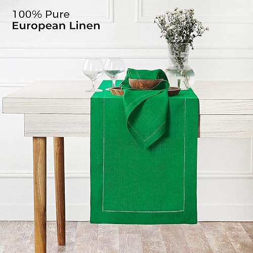 Miniatura 2 de D'Moksha - Camino de mesa navideño - 14 x 48 pulgadas - Verde Kelly - Lino puro con vainica, lavable a máquina - Para decoración festiva de Acción