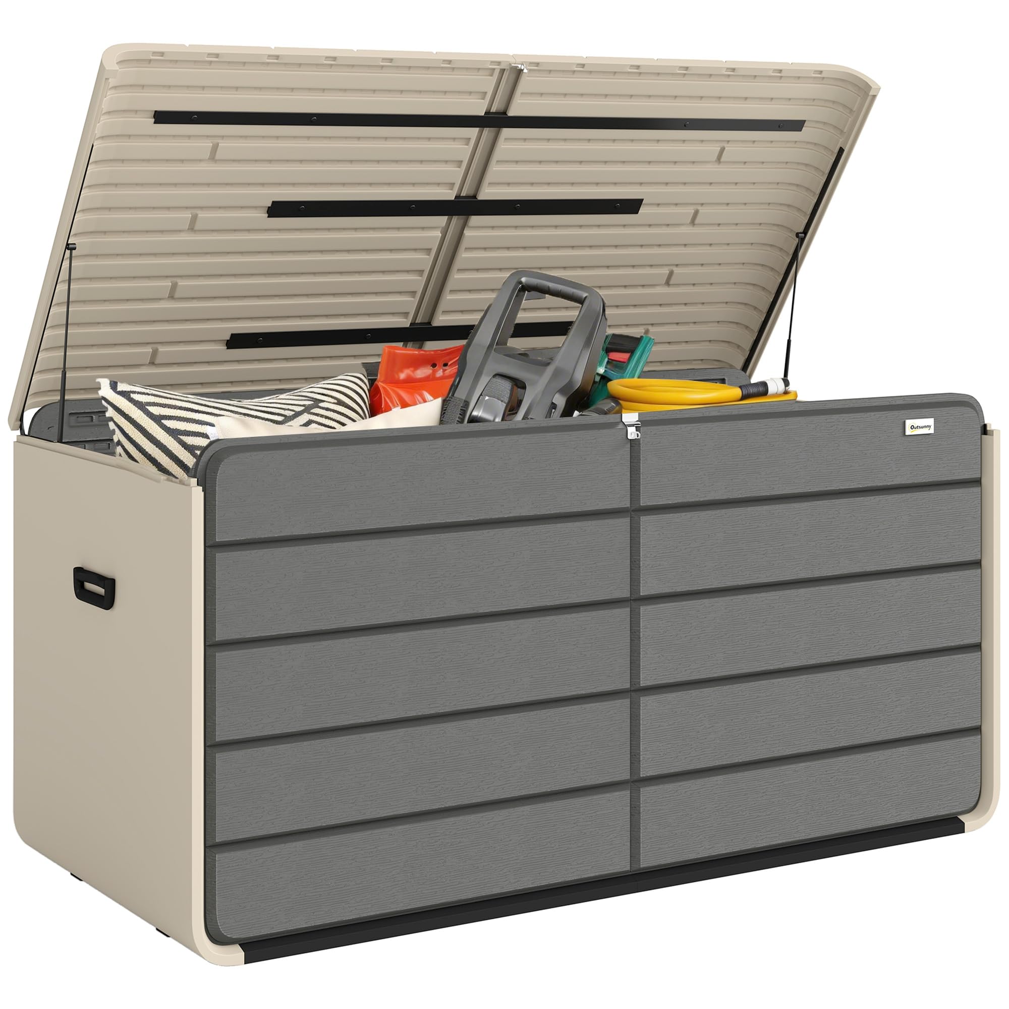Outsunny 200 Gallon Garden Storage Box, HDPE Deck Box with Wheels, Lockable Lid, Pneumatic Gas Rods and Side Handles, Outdoor Patio Storage Container for Garden Tool, Beige & Grey - 1