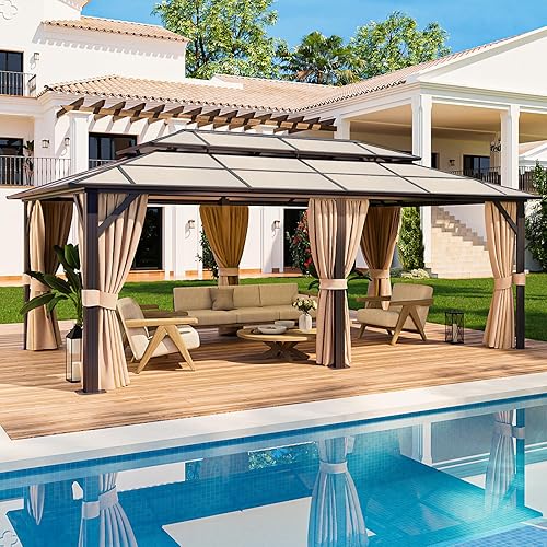 12'x20' Hardtop Gazebo, Outdoor Polycarbonate Double Top Canopy, Aluminum Frame Permanent Pavilion with Netting and Curtains, Sunshade for Patio, Garden, Lawns