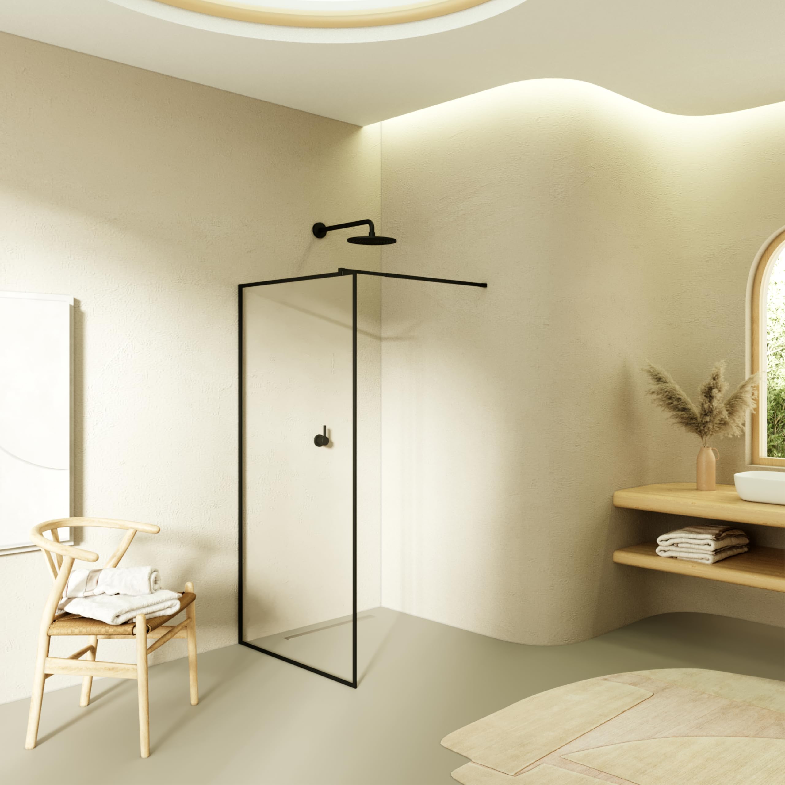 Panel de Ducha Fijo Frontal, Walk In Gianna 140x200 cm - Mampara con Vidrio de Seguridad Templado Transparente 8mm, Marco en Negro Mate y Barra en Acero Inoxidable