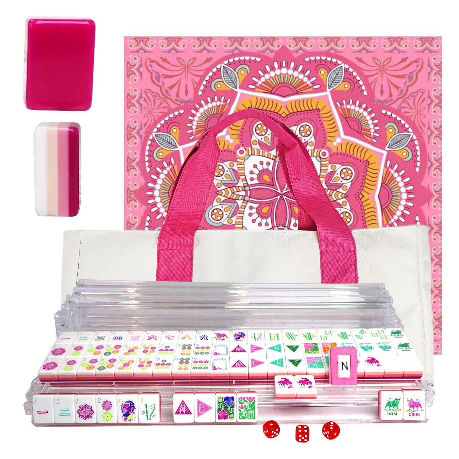 American Mahjong Game Set, Portable Carrying Bag,Acrylic 160 Tiles,Western Mahjong Tiles Set,Complete Ma Jong Set (Rose Red)