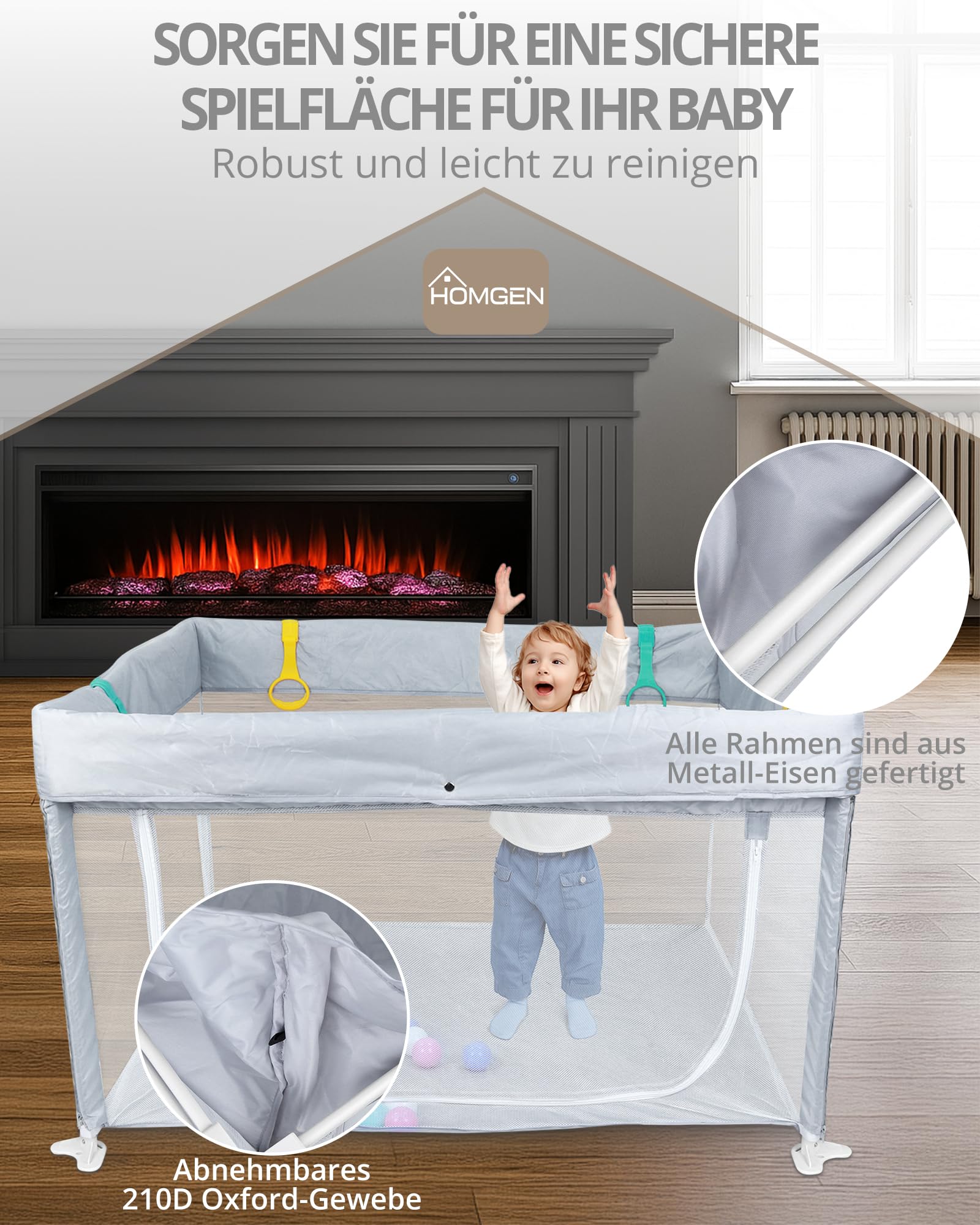 HOMGEN Laufstall Baby 120x120cm Laufgitter Faltbar Klappbares Spielgitter Tragbar Playpen Kinderlaufstall mit Abnehmbarem & Waschbarem Stoff Tasche & Spielzeug 10 Bälle 4 Griffe Für Innen/Außen