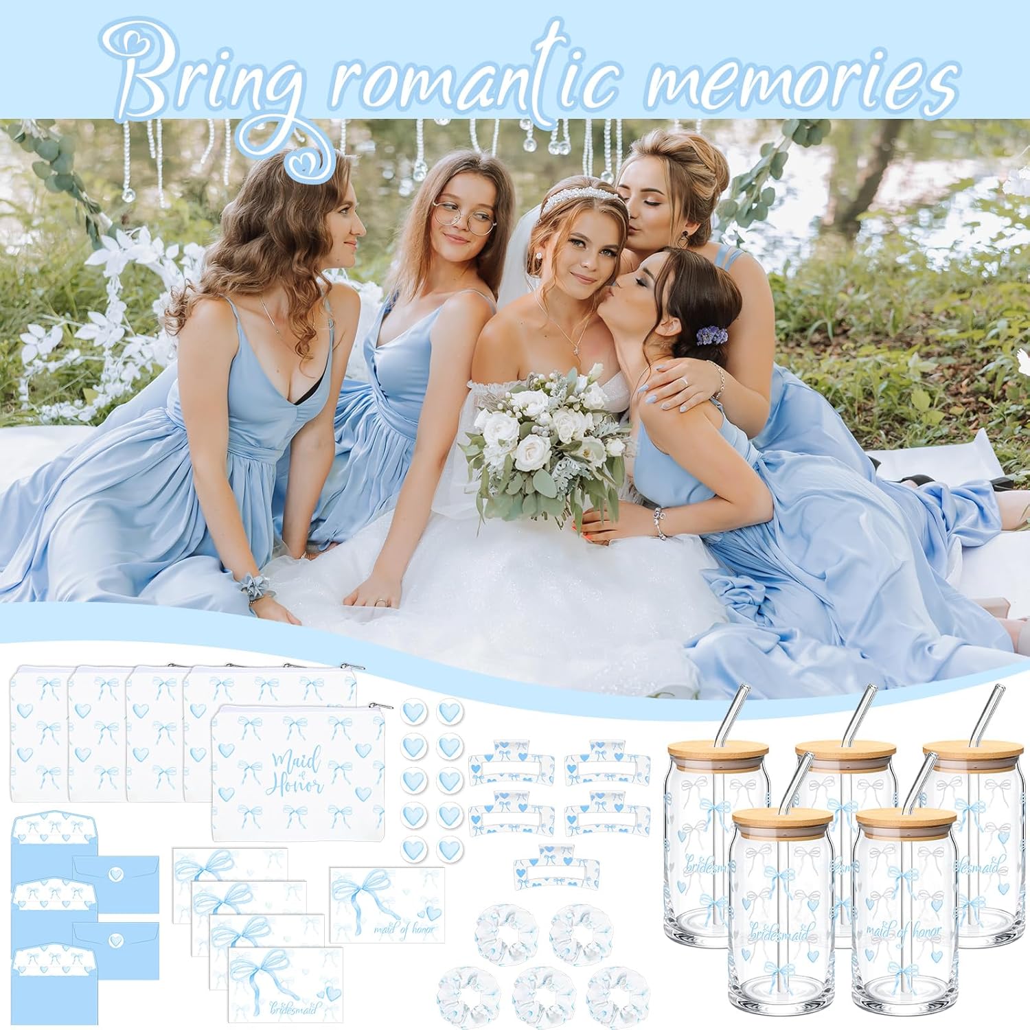 Meanplan 35 Pcs Bridesmaid Proposal Glass Cup Blue Bow Cosmetic Bag Scrunchies Hair Clips Will You Be My Bridesmaid Card Envelope Sticker Something Blue Gift for Bride Shower Wedding Maid of Honor