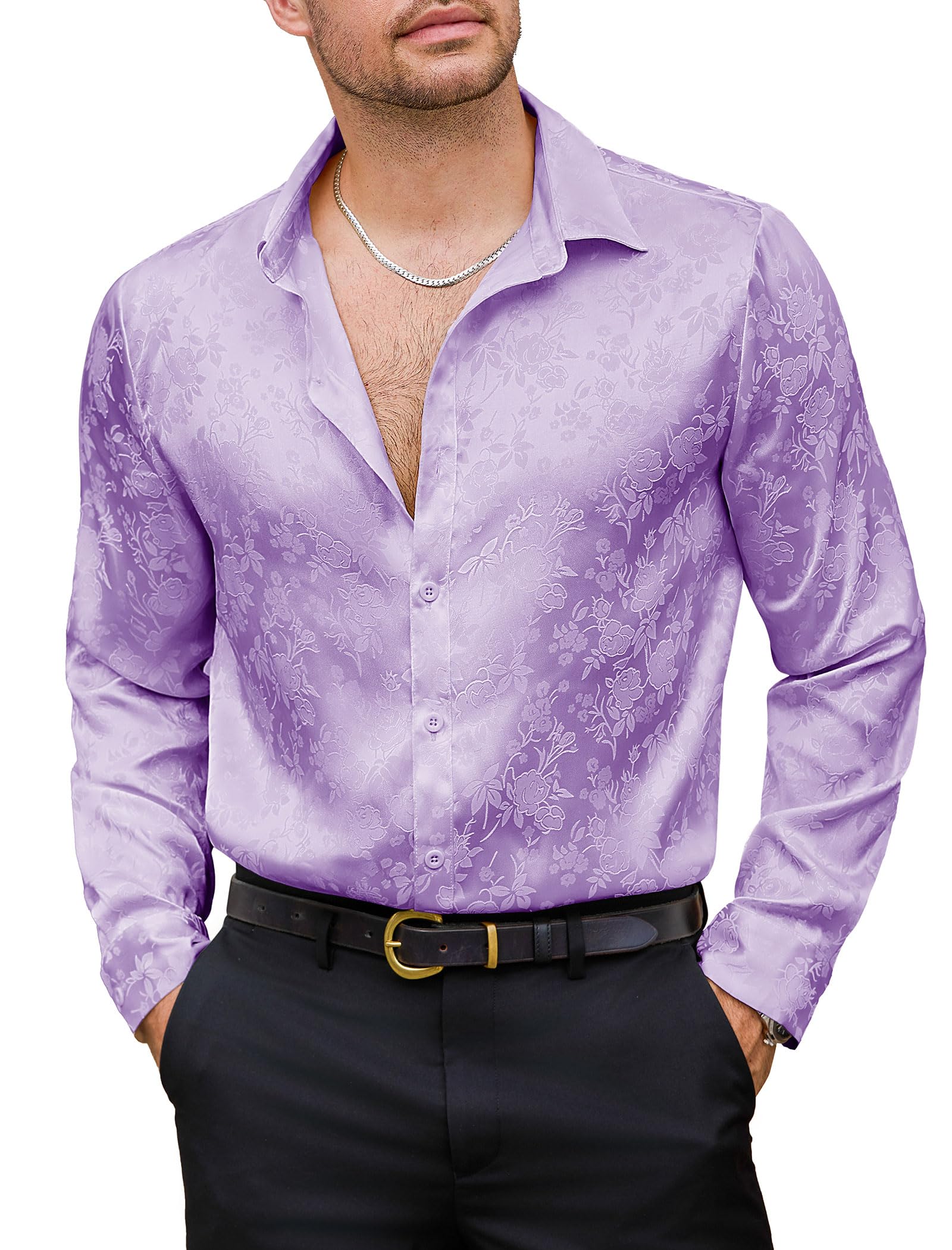 Vssjavun Mens Satin Dress Shirts Long Sleeve Silk Shirt Shiny Luxury Button Up Floral Shirt Party Prom Wedding Shirts