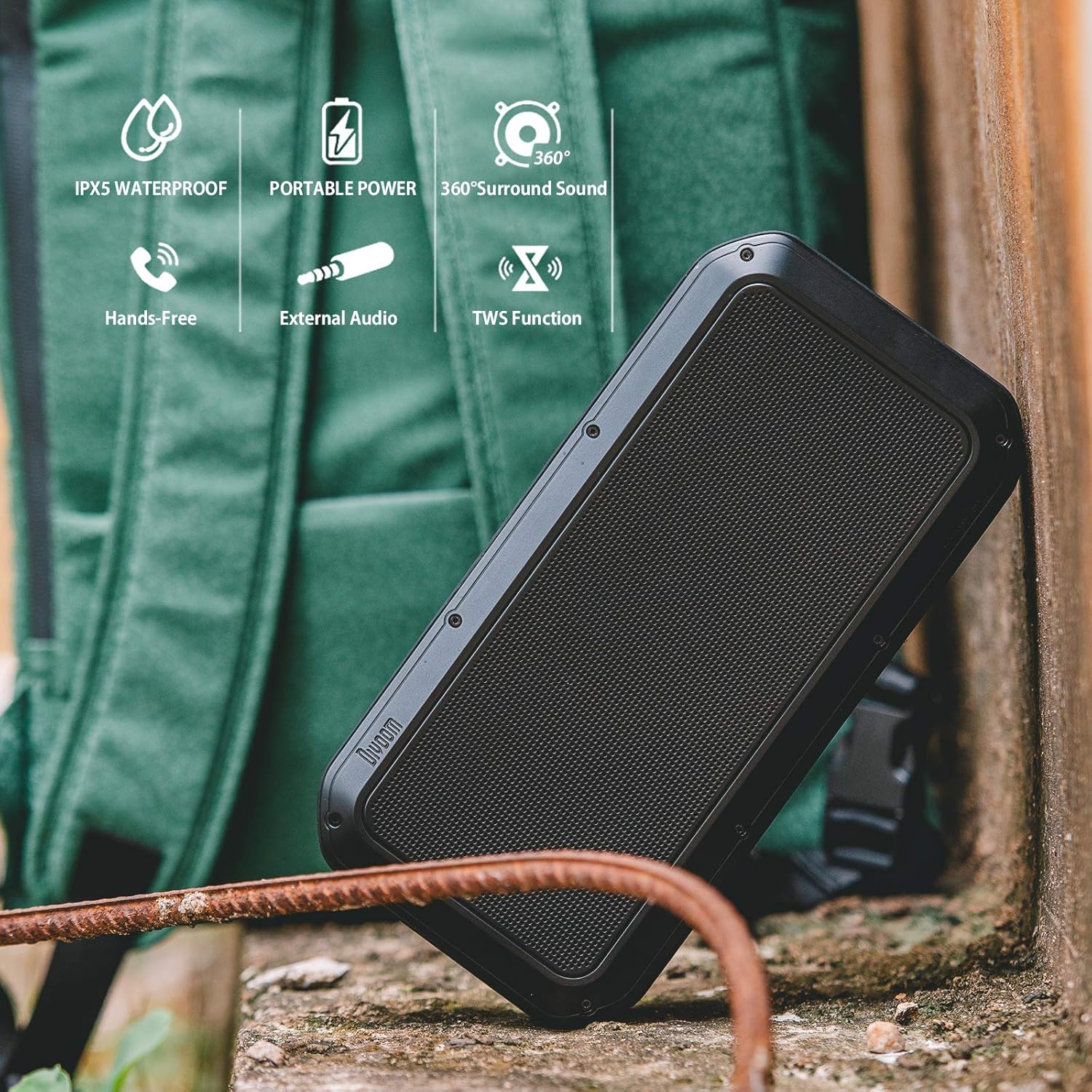 Divoom Voombox-Pro speaker next to a backpack with icons for IPX5 Waterproof, Portable Power, 360 Surround Sound, Hands-Free, External Audio, and TWS Function.